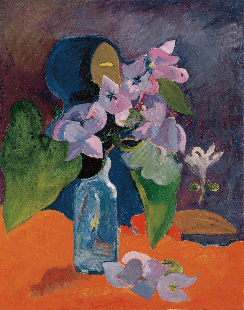 Still Life with Flowers and Idol by Paul Gauguin features vibrant colors and a unique composition.