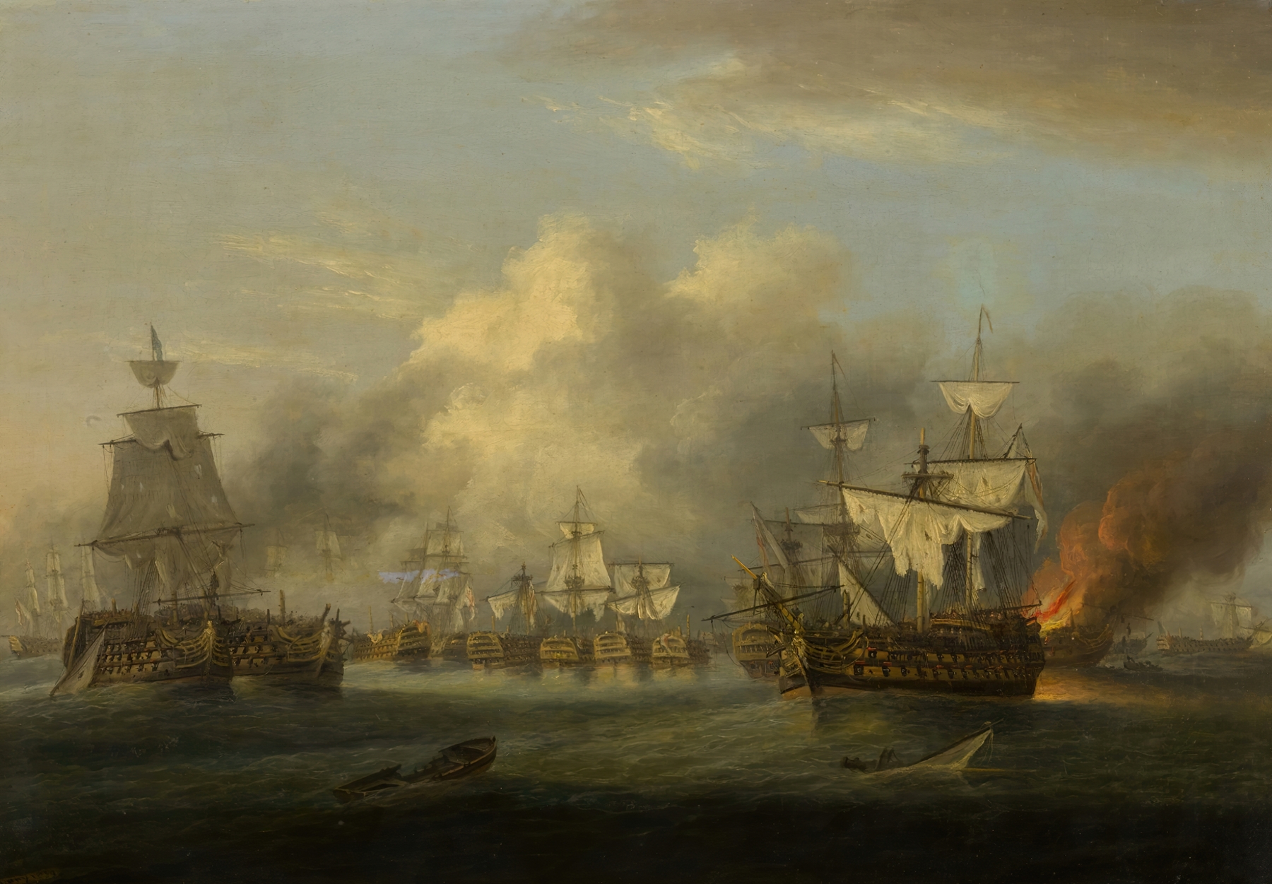 Oil painting by Thomas Luny depicting a naval battle with ships and cannons.
