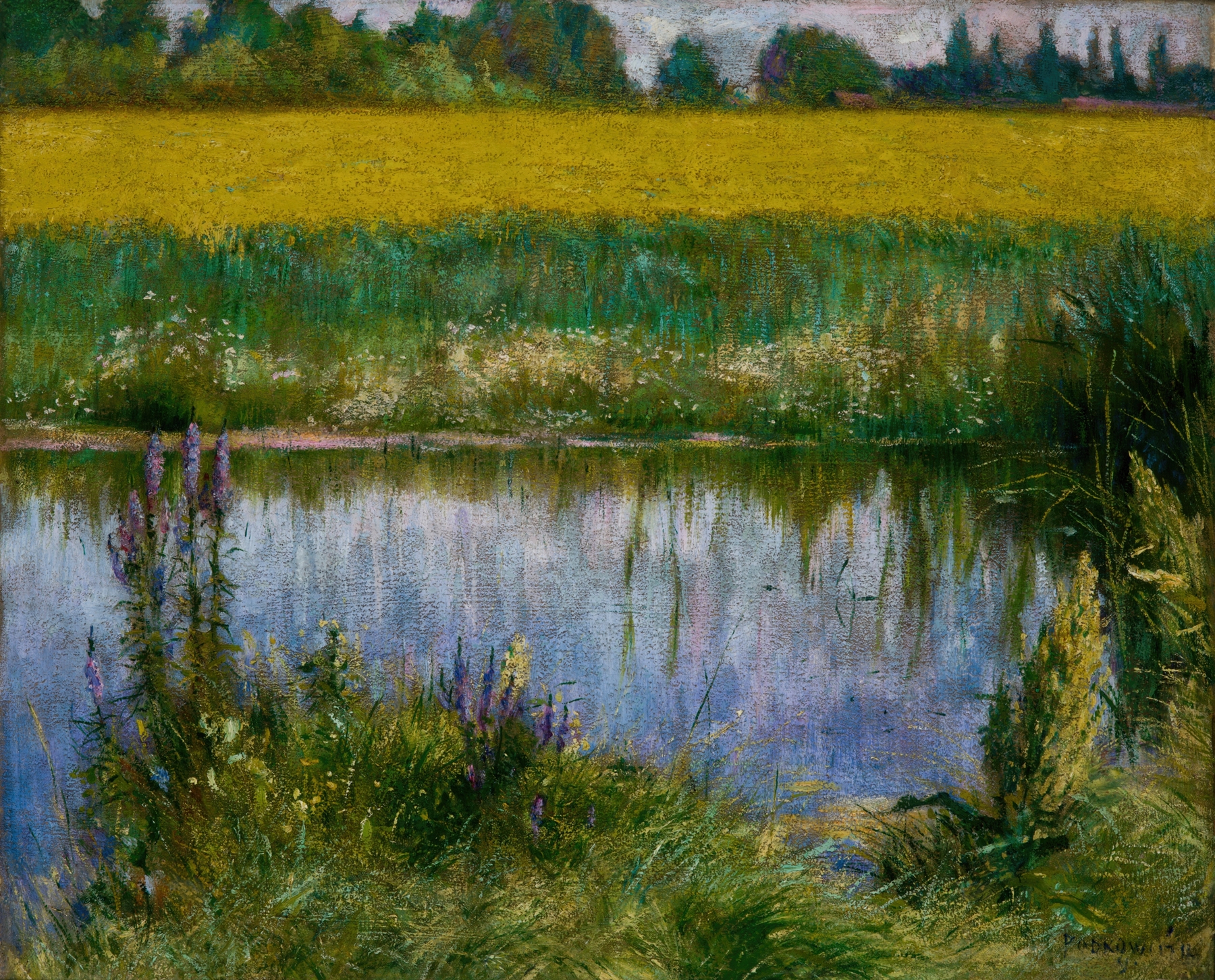 Field of Lupine by Władysław Podkowiński, oil painting, depicting vibrant purple flowers in a landscape.