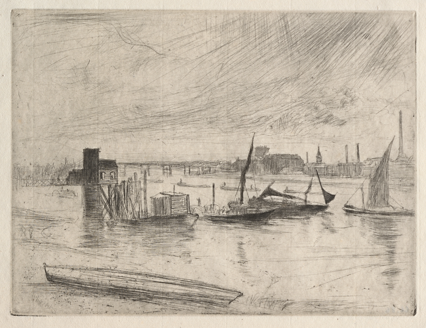 Early Morning Battersea by James Abbott McNeill Whistler, oil painting of a tranquil dawn landscape.