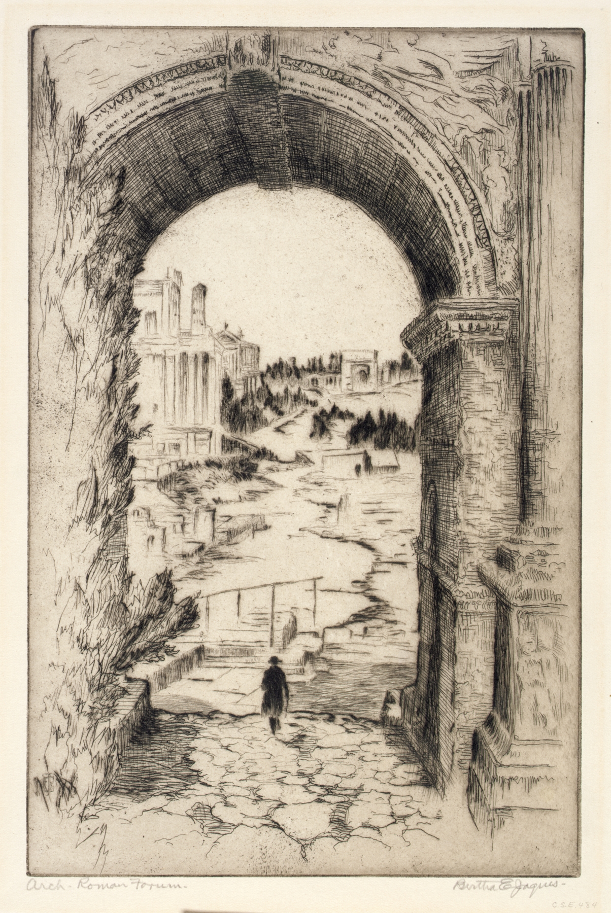 Roman Forum etching by Bertha Jaques depicting ancient ruins and landscape
