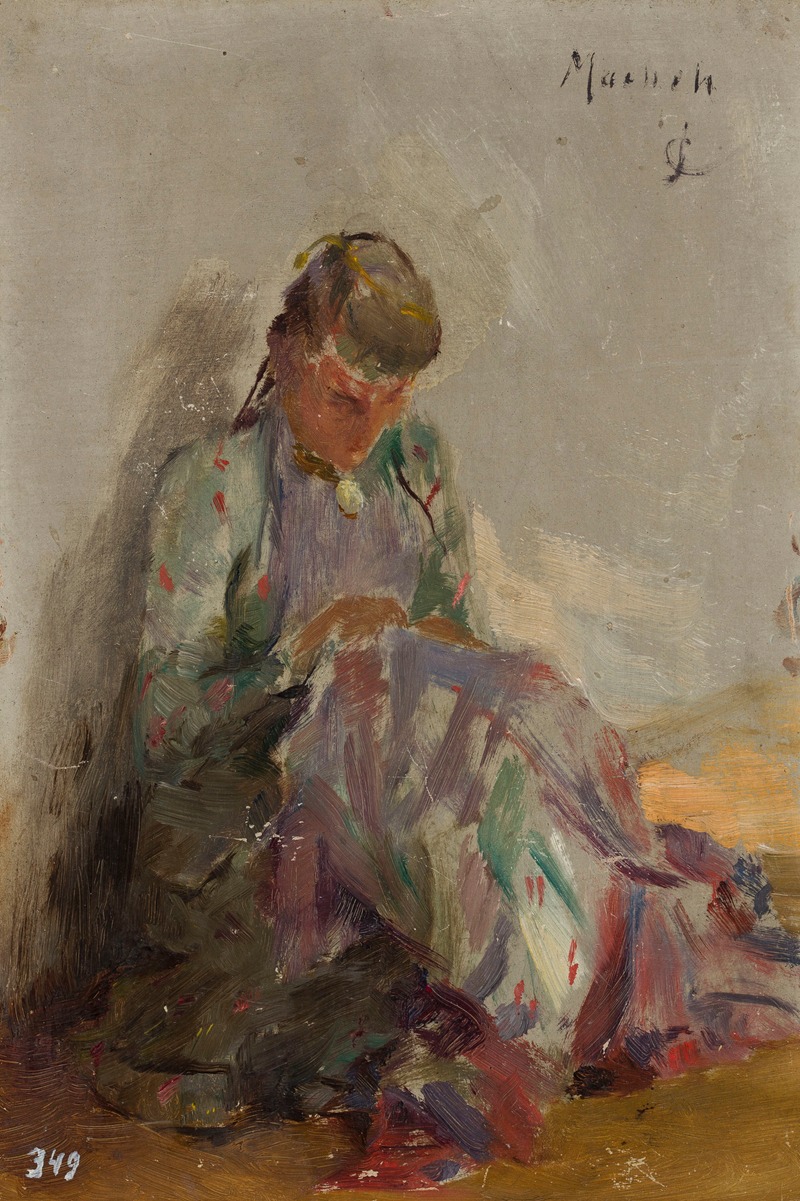 A Tartar girl sewing, showcasing traditional attire and cultural elements.
