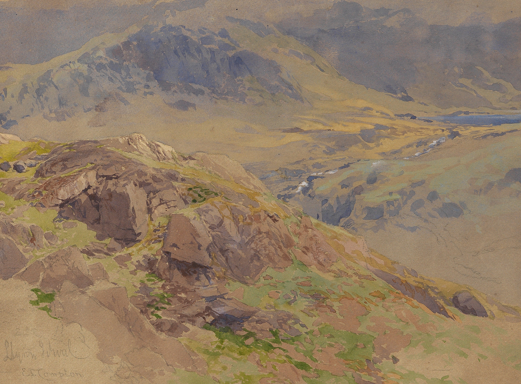 Llyn Idwal landscape by Edward Theodore Compton, oil painting depicting tranquil waters and mountains.