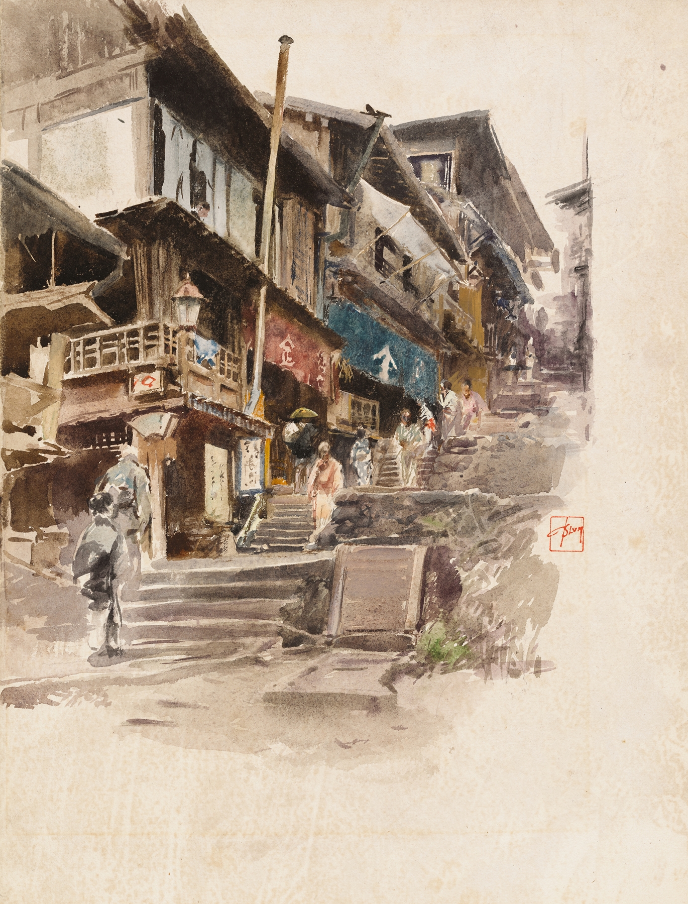 A Street In Ikao, Japan II by Robert Frederick Blum, oil on canvas depicting traditional houses and mountains.