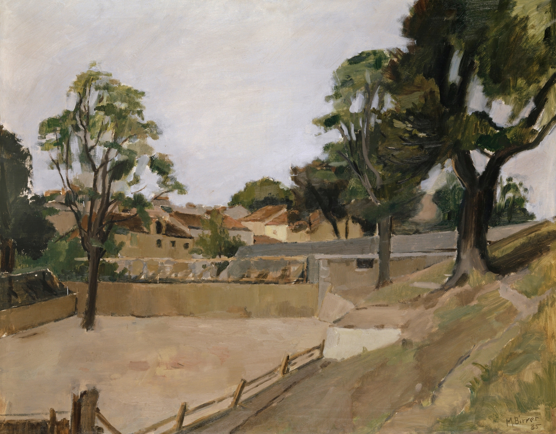 Oil on canvas by Max Birrer depicting a bullring in Collioure under a cobalt sky.