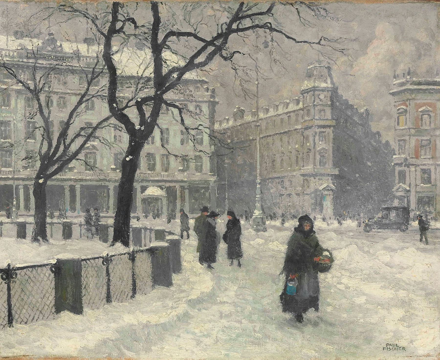 Kongens Nytorv, Copenhagen In Winter by Paul Fischer, oil on canvas depicting a winter landscape with figures.