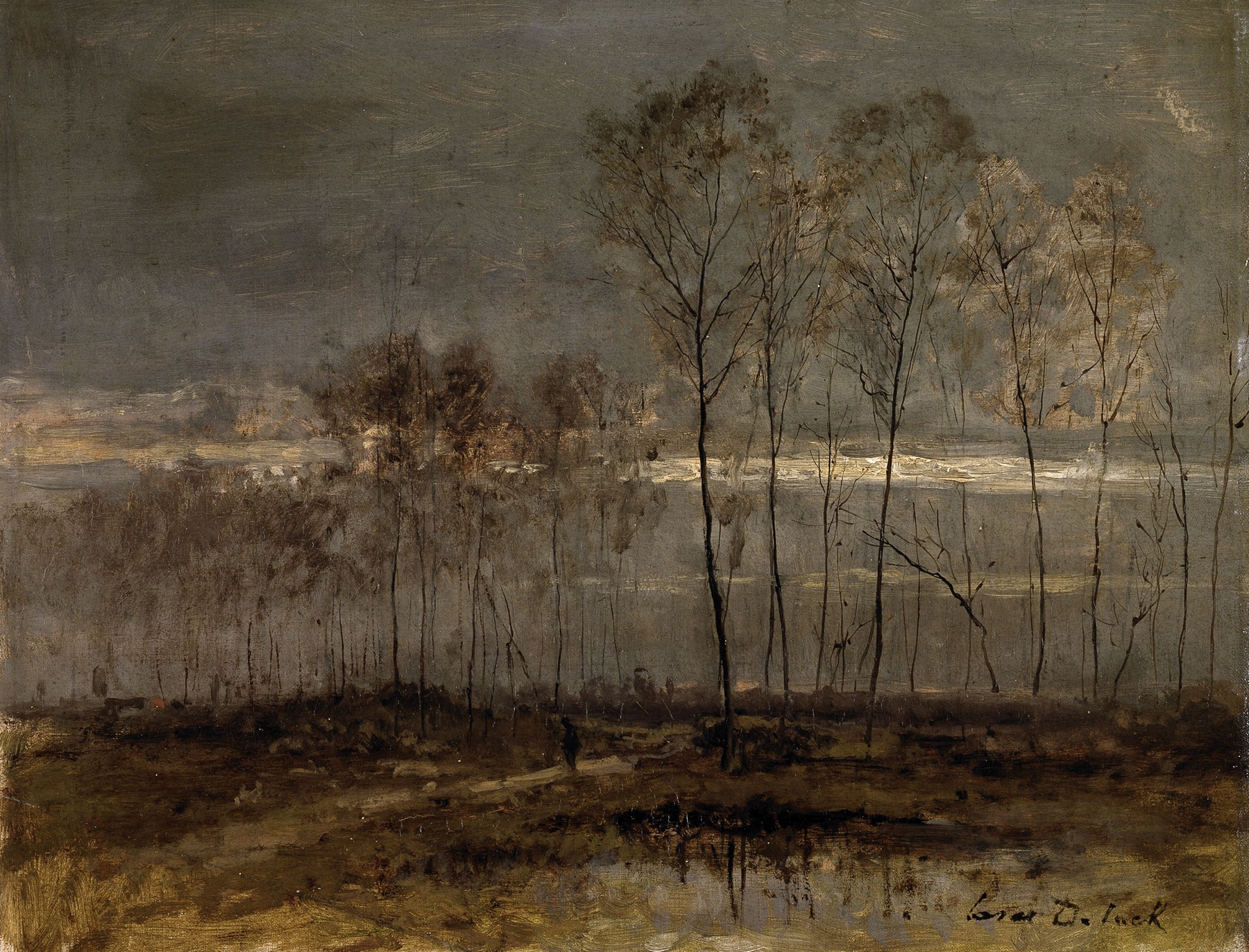 Landscape near Saint-Christophe by César De Cock, oil on canvas depicting green fields and wildflowers.