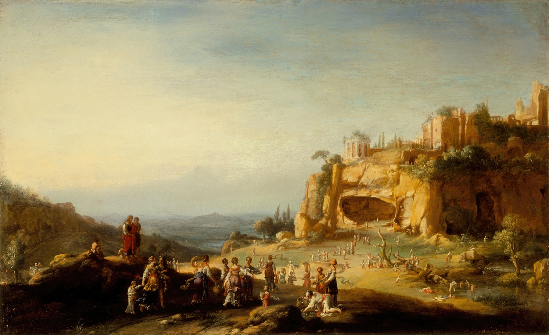 Arcadian Landscape by Bartholomeus Breenbergh, oil painting of a serene landscape.