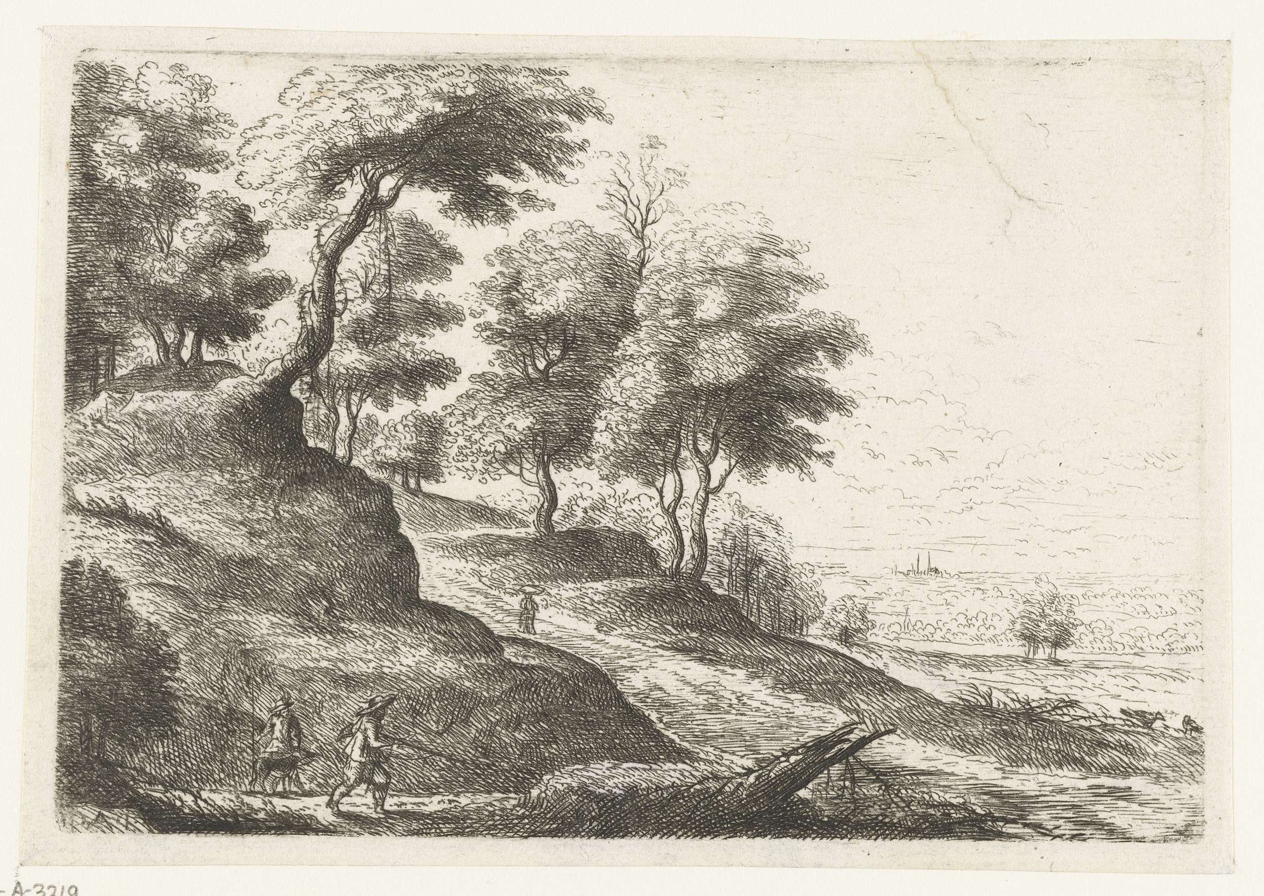 Landschap met twee jagers, etching by Philips Augustijn Immenraet, featuring hunters in a landscape.