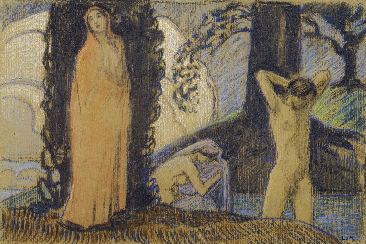 A painting depicting two women and a young man bathing.