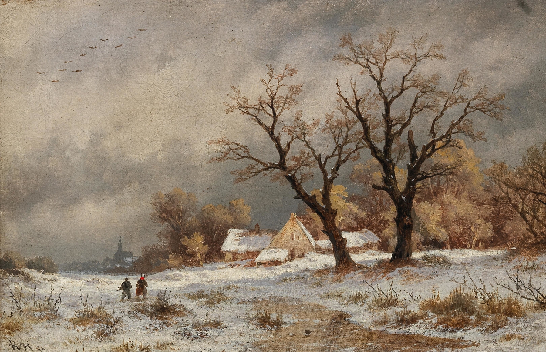 A winter landscape with wood collectors before a small village, oil painting by Remigius Adrianus van Haanen.