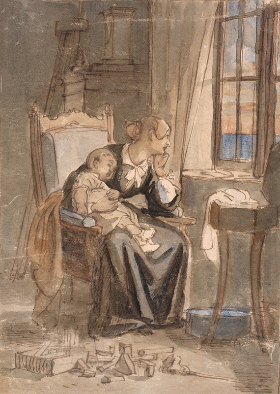This painting depicts a mother and her son in a serene setting.