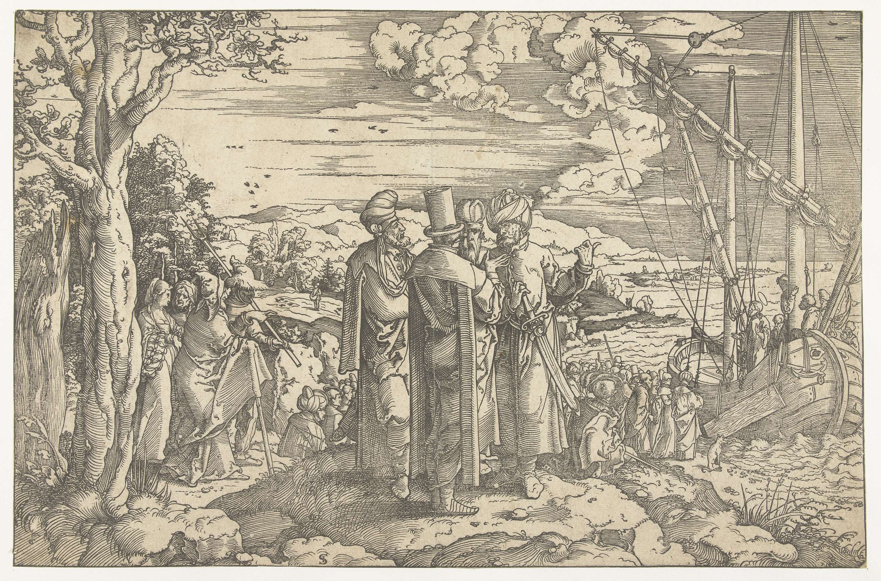 Religious scene with Christ on a ship, paper by Jan Swart van Groningen