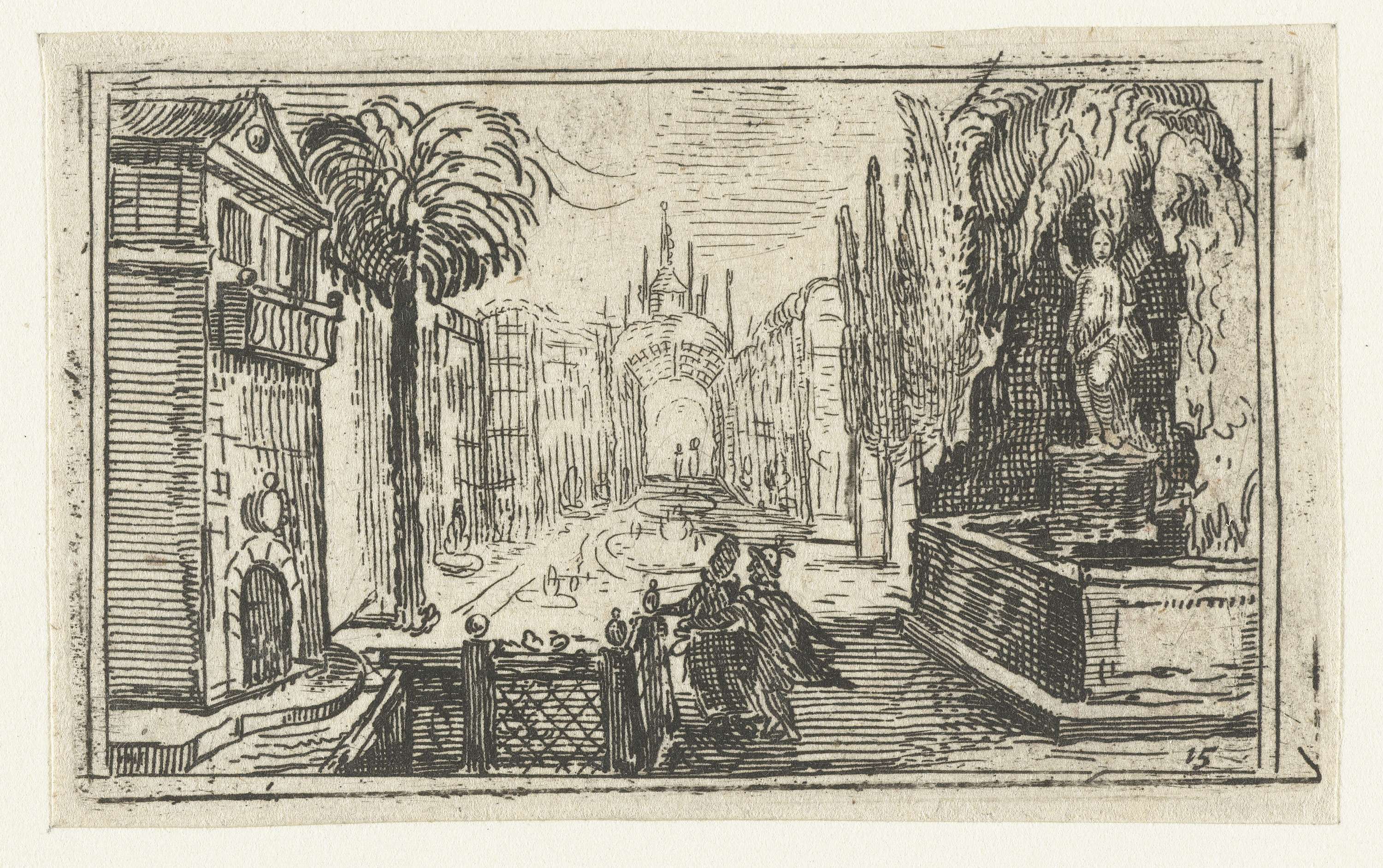 Landscape etching by Unknown Artist featuring a garden with architecture and fountains