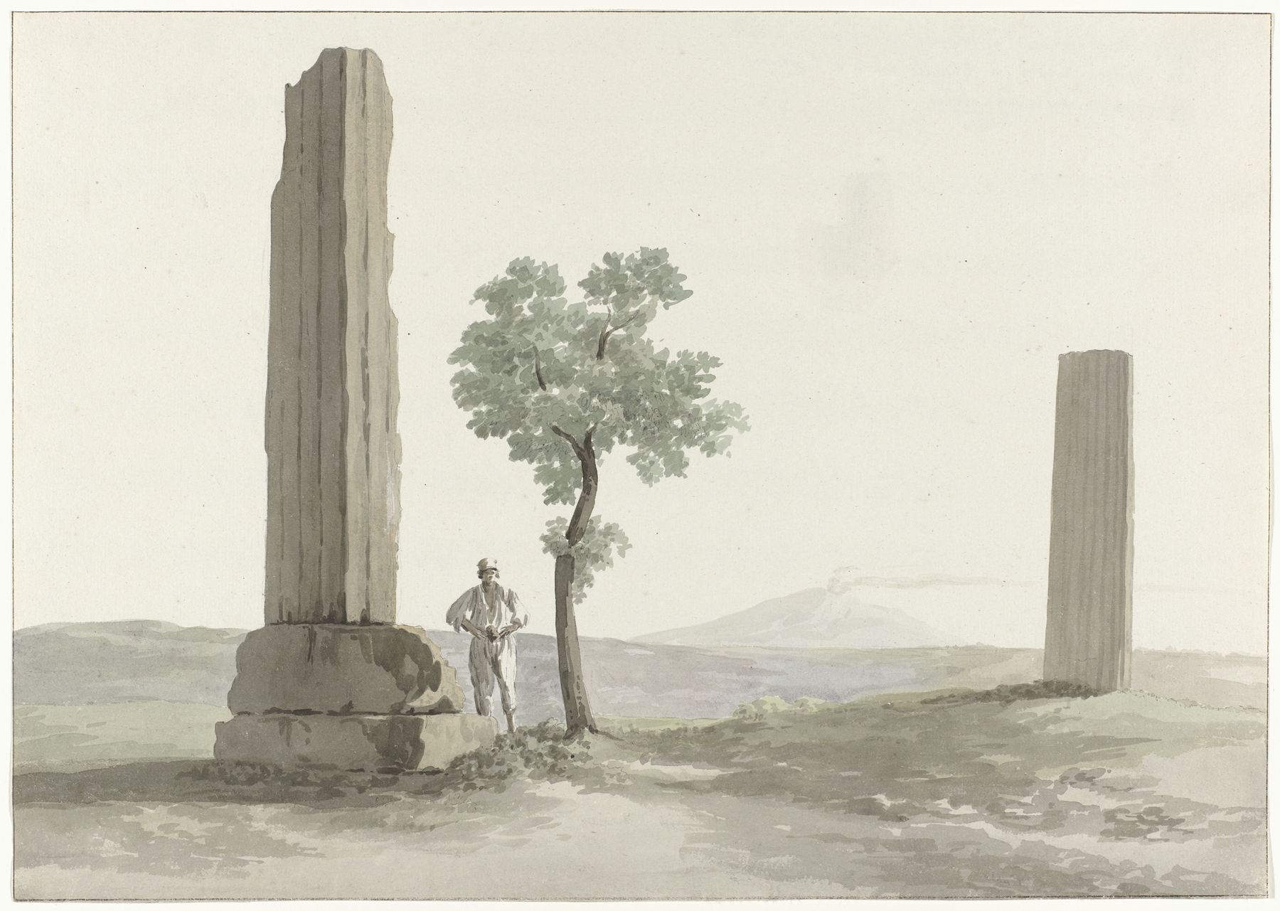 Watercolour by Abraham-Louis-Rodolphe Ducros depicting ancient temple columns and landscape.