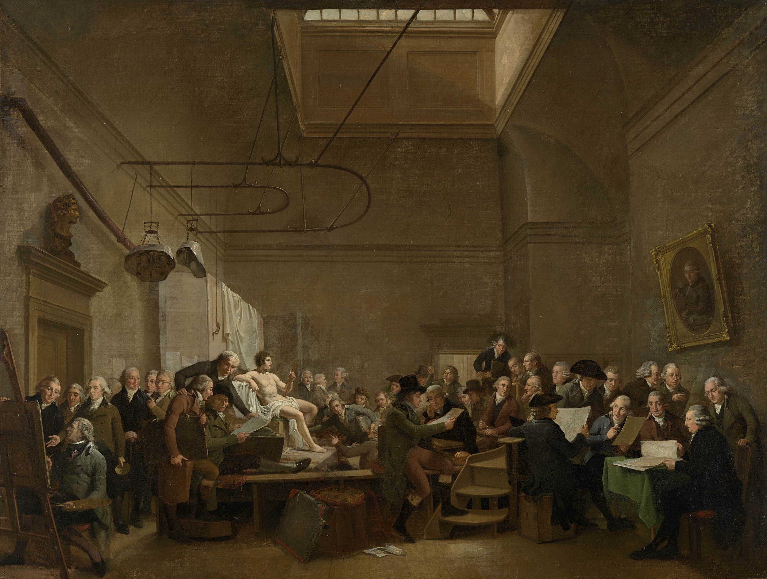 Interior of the drawing gallery with artists, oil on canvas by Adriaan de Lelie