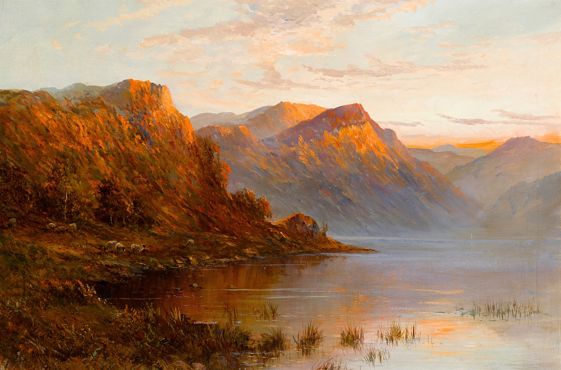 Landscape of a serene lake and cloudy sky by Alfred de Bréanski, oil painting