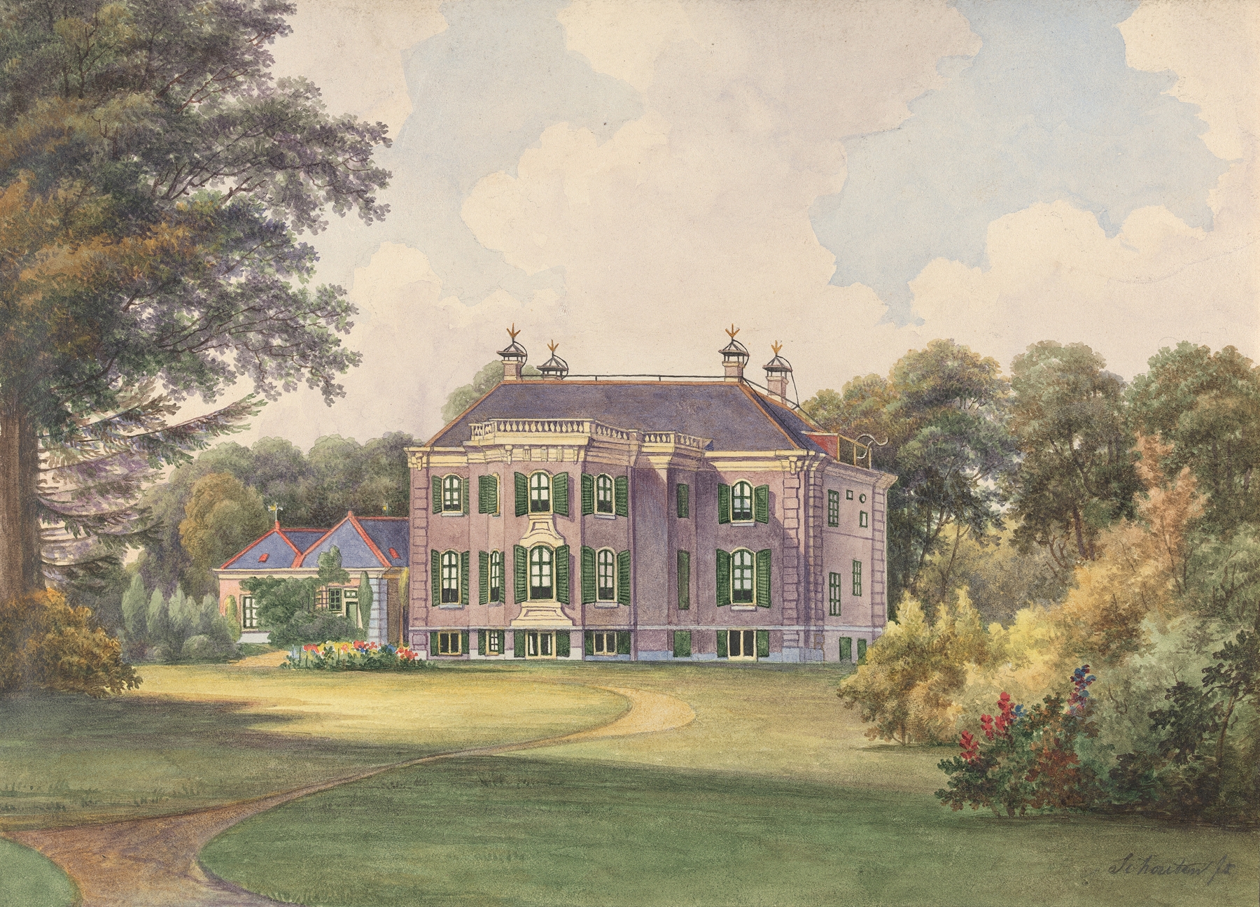 Landscape by Gerrit Jan Schouten, Dutch Golden Age, depicting lush greenery and hills.