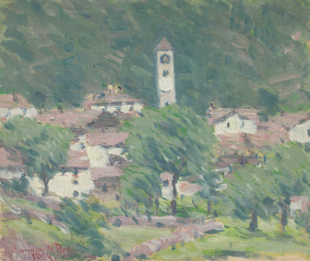 Landscape with Village and Bell Tower, by Denman Waldo Ross, public domain