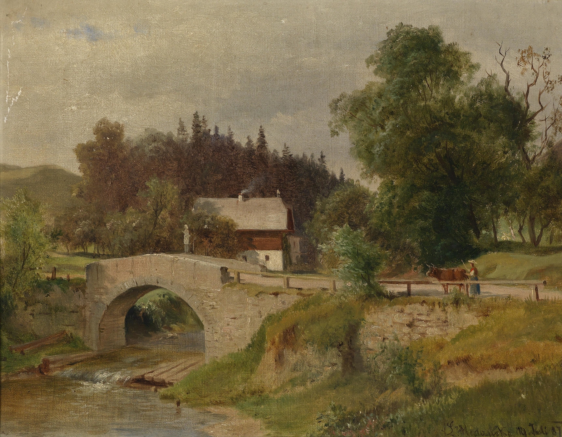 Landscape featuring a farmhouse in warm ochre tones by Ludwig Halauska, oil painting