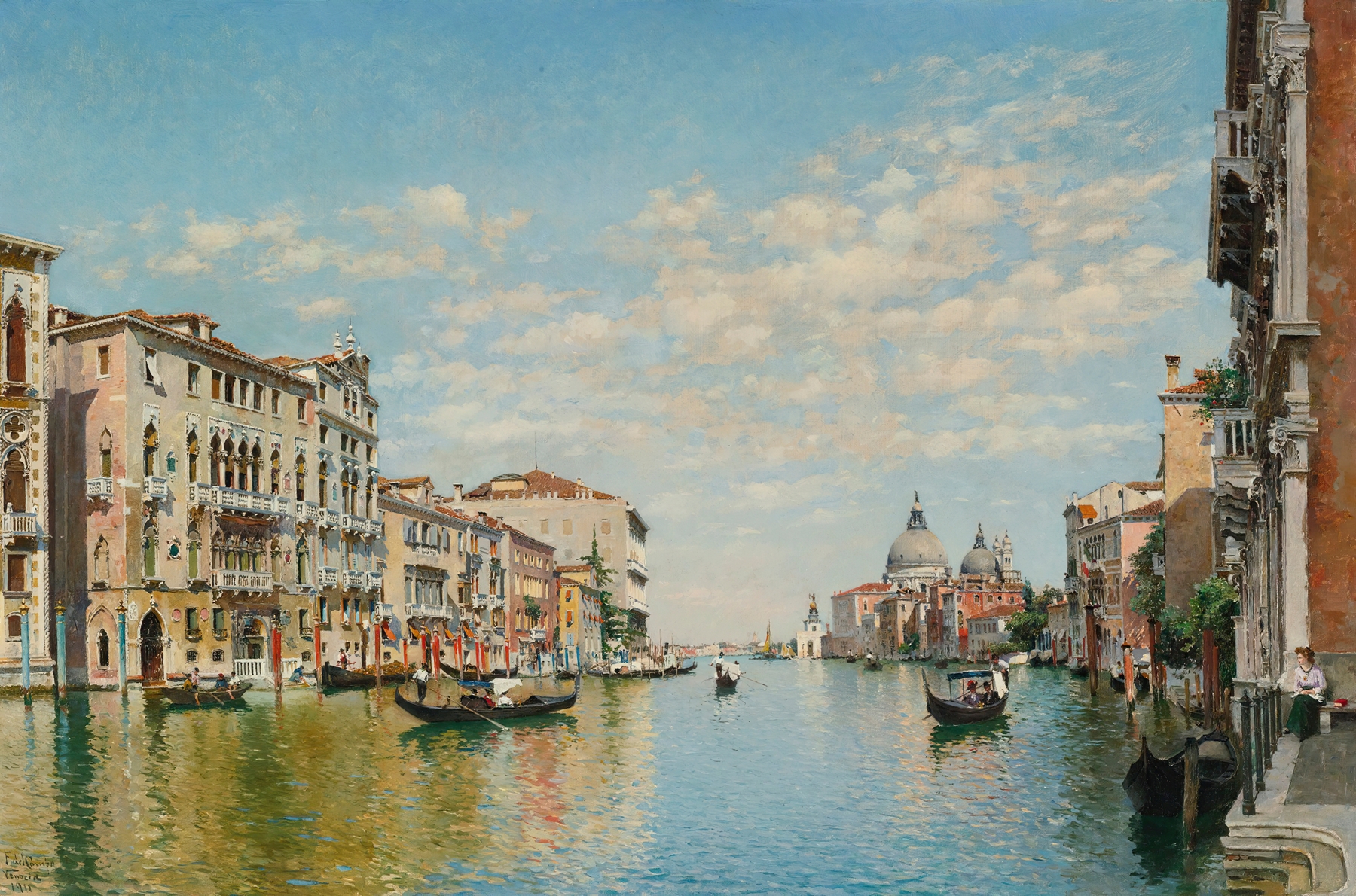 Gondoliers on the Grand Canal, Venice, oil on canvas by Federico del Campo
