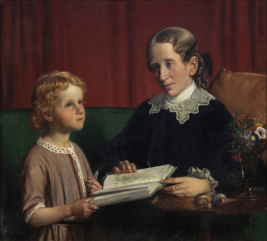 A portrait of Miss Annette Hage showing her nephew a book on plants.