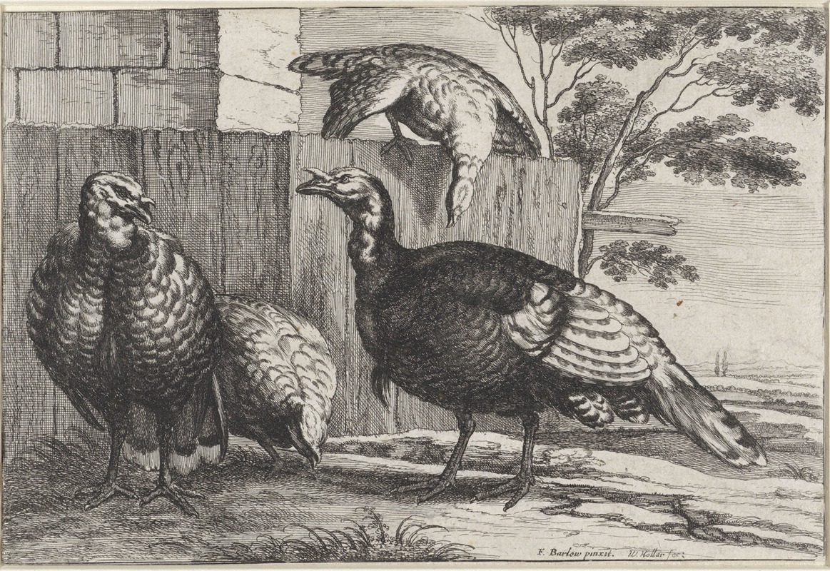 A charming depiction of four turkeys by a rustic fence.