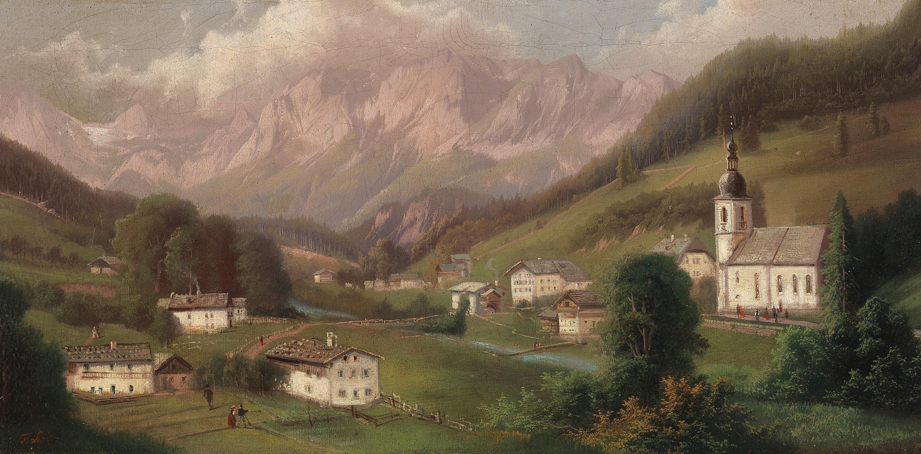 Landscape of a village in the Alps by Ferdinand Lepie, oil painting