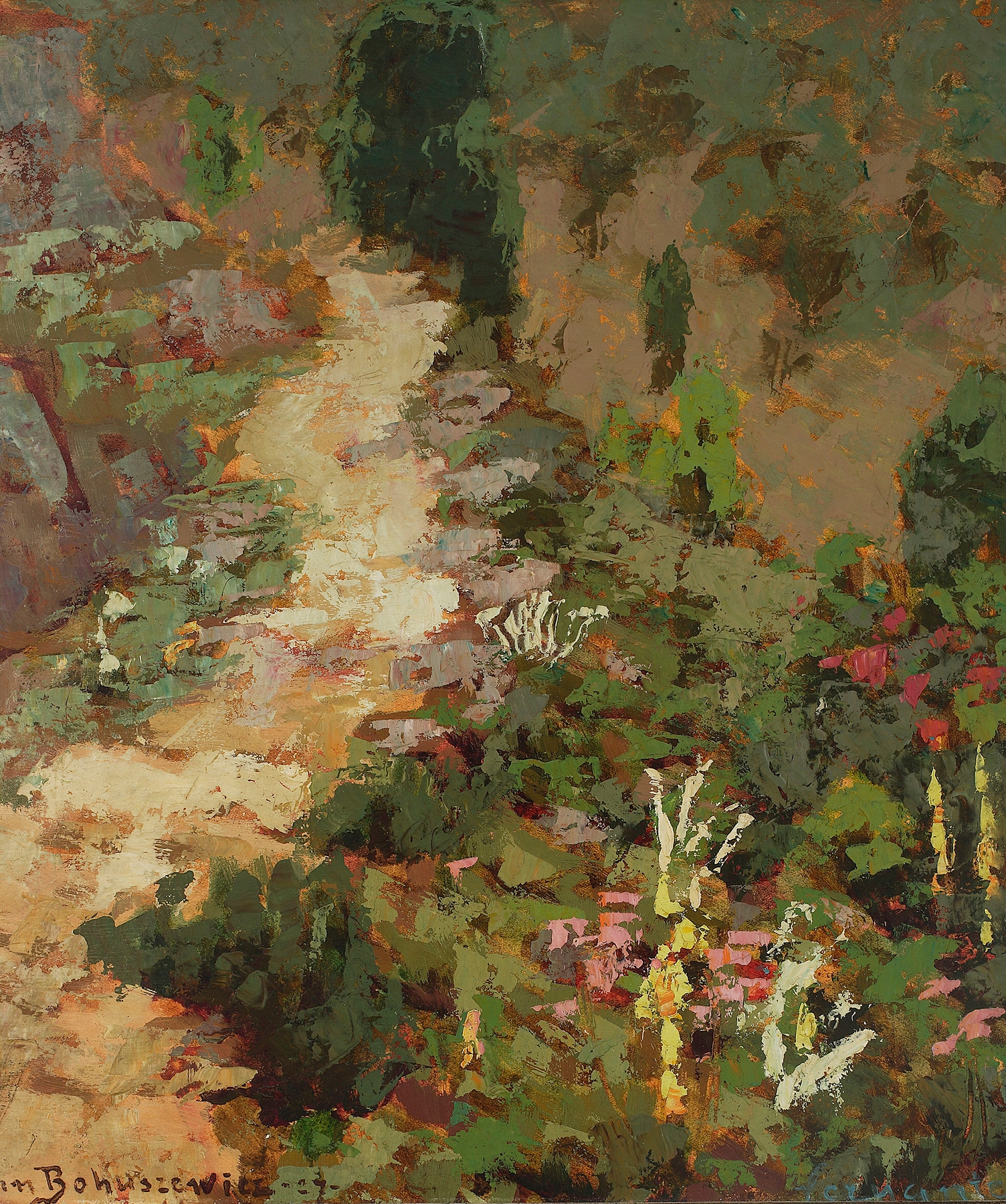Zapuszczona ścieżka by Jan Bohuszewicz, Post-Impressionism, landscape with a winding path and soft light.