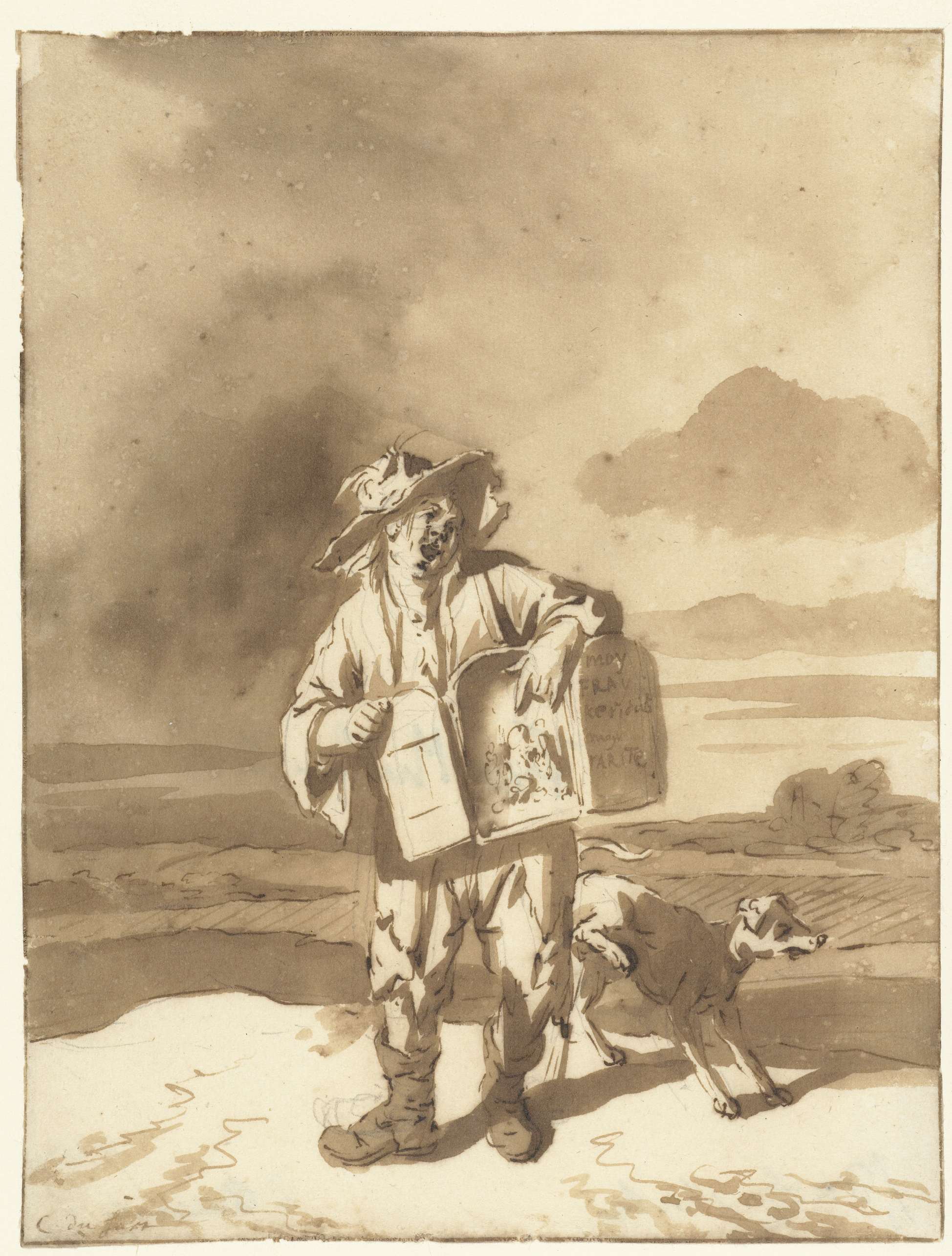 Oil on canvas by Cornelis Dusart depicting a boy with a peepshow and a dog.