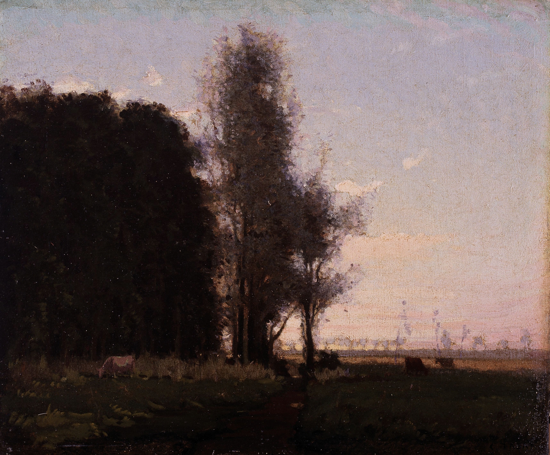 Pasture by the Woods, oil on canvas by Charles Augustus C. Lasar, depicting a tranquil forest landscape.