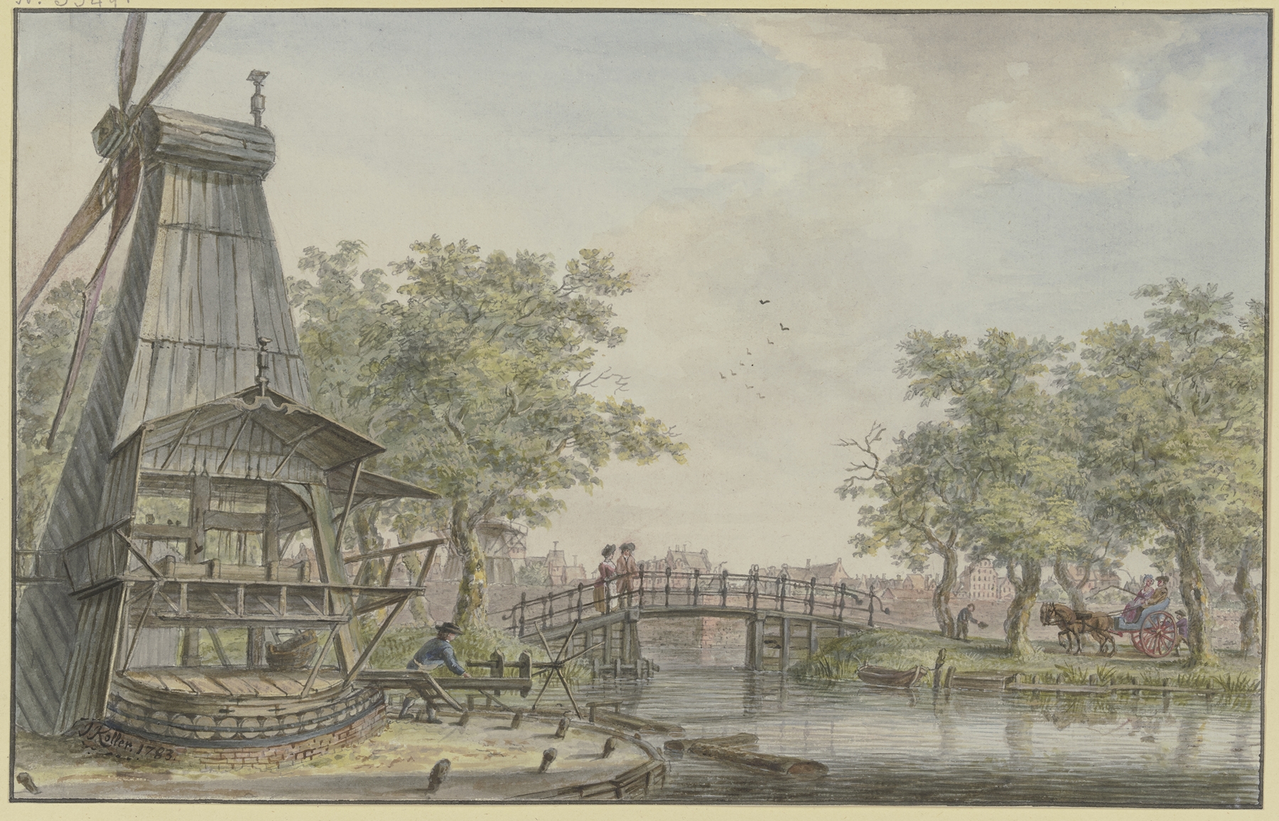 Dutch landscape with a canal and a bridge by Johann Jakob Koller, oil painting