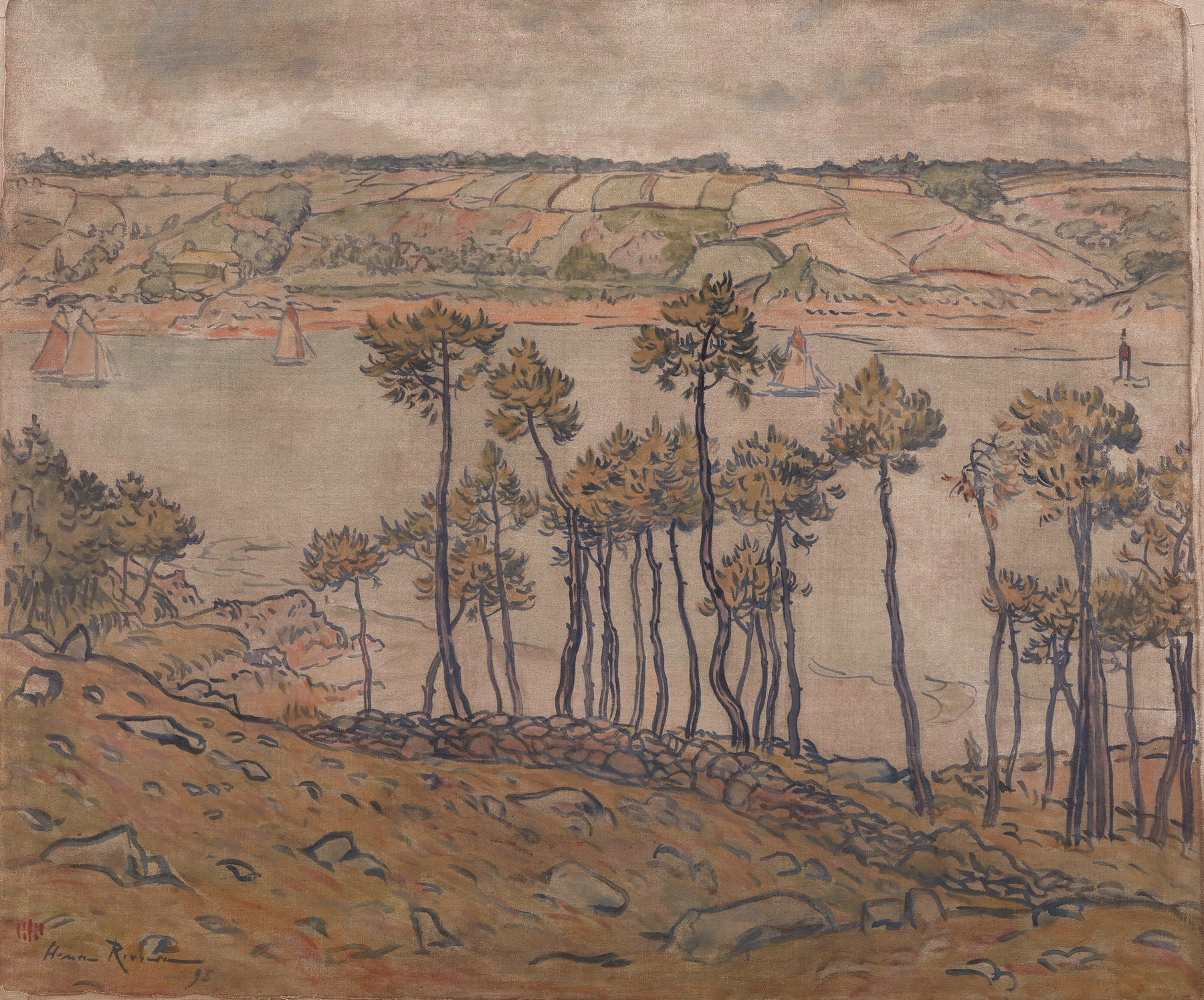 Watercolour by Henri Rivière depicting a bay with foliage and landscape in the background.