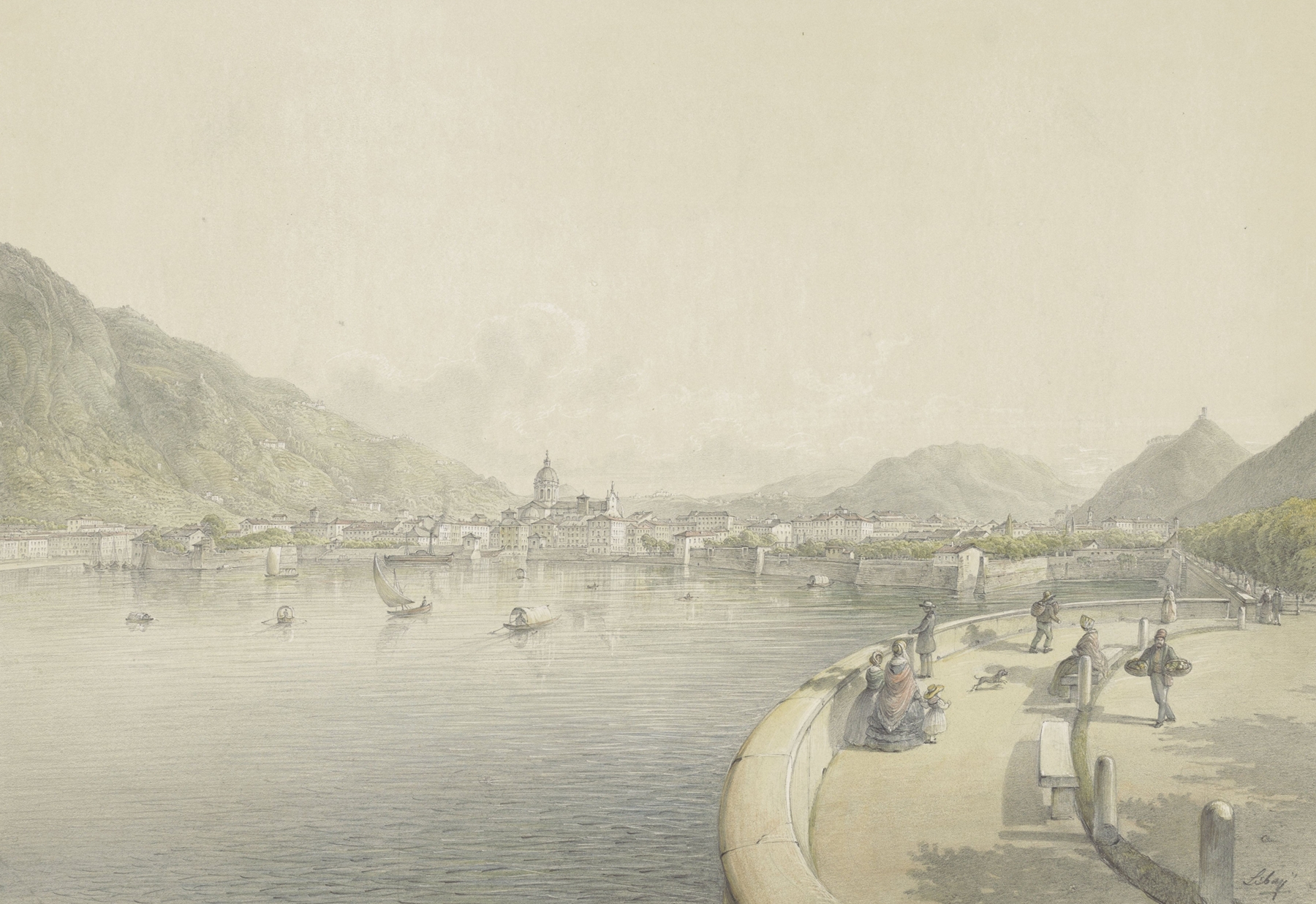 Como, a romantic landscape by Karoly Lajos Libay, depicting a tranquil lake and mountains, oil painting