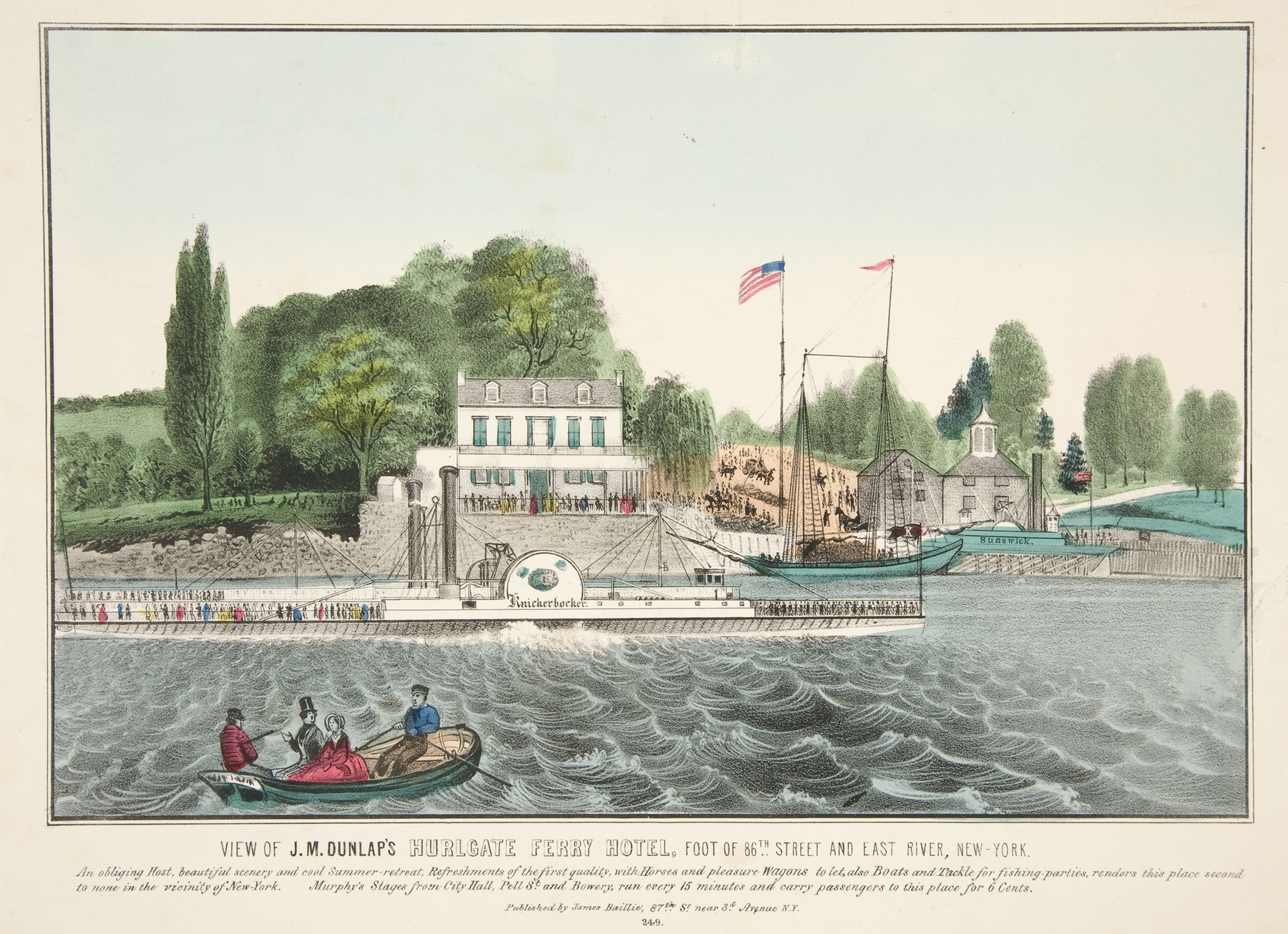 Landscape oil painting by James S. Baillie depicting Dunlap’s Hurlgate Ferry Hotel.