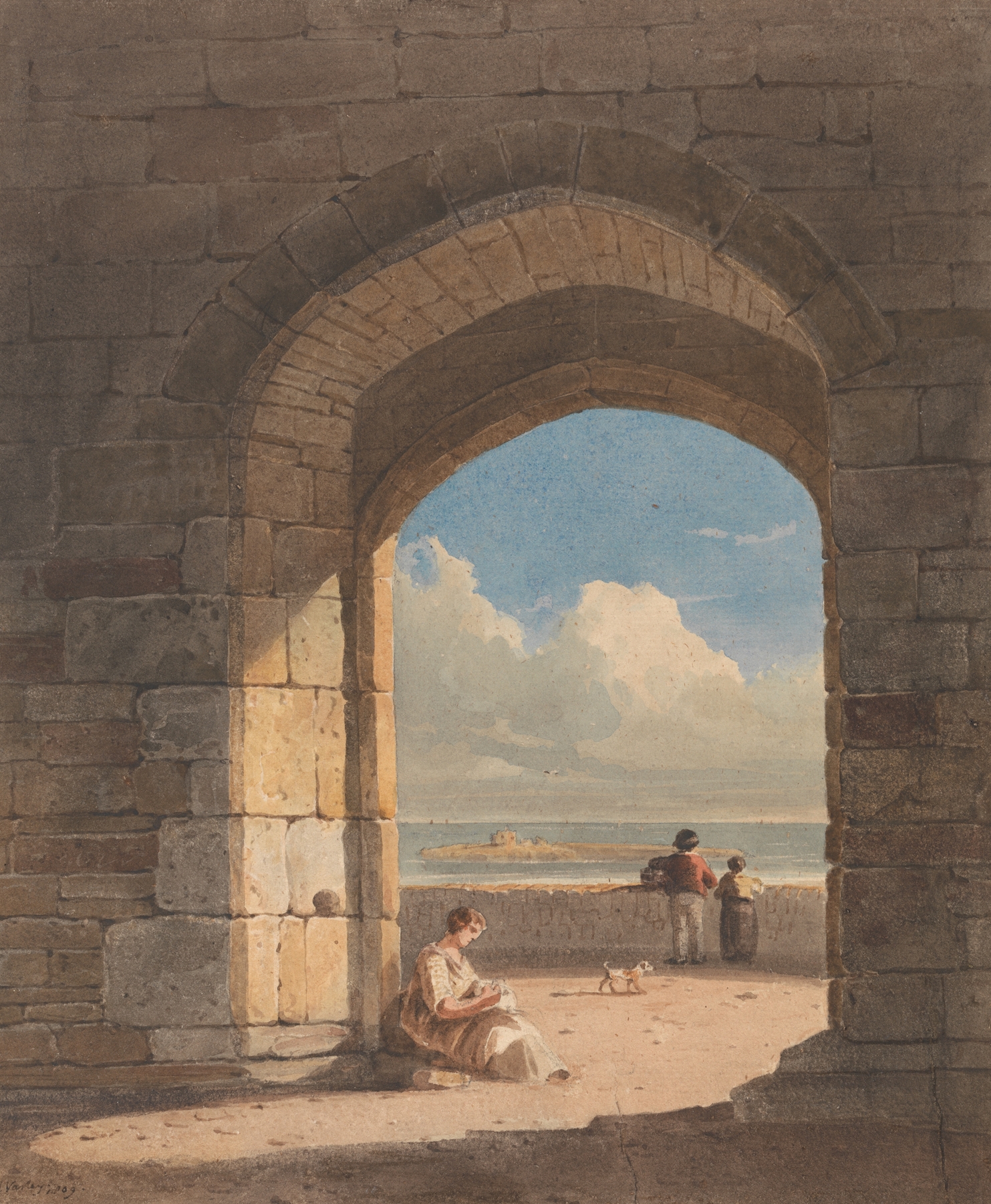 watercolour by John Varley depicting a stone arch at Holy Island, Northumberland