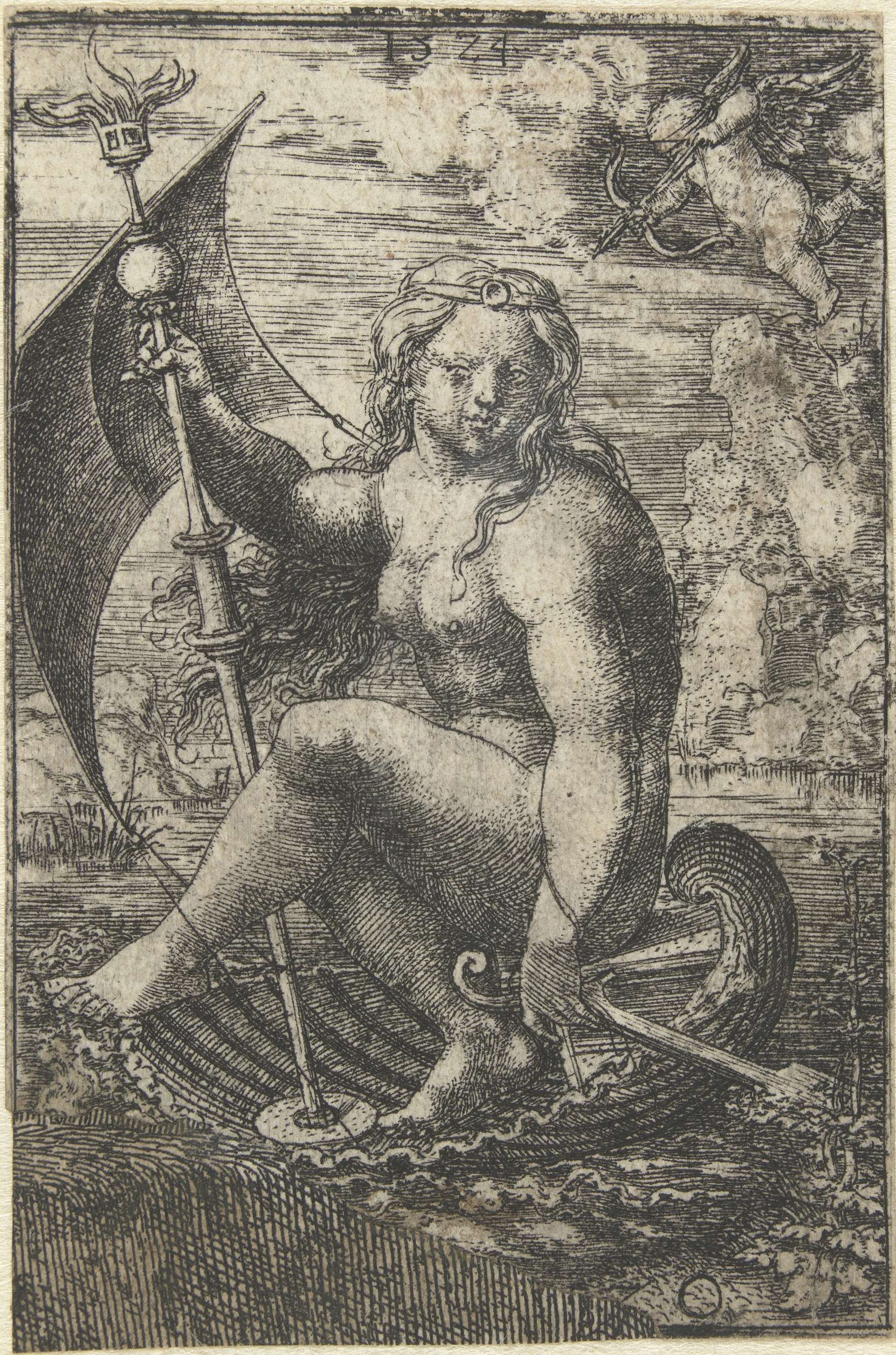 Engraving by Dirck Vellert depicting Venus emerging from a shell