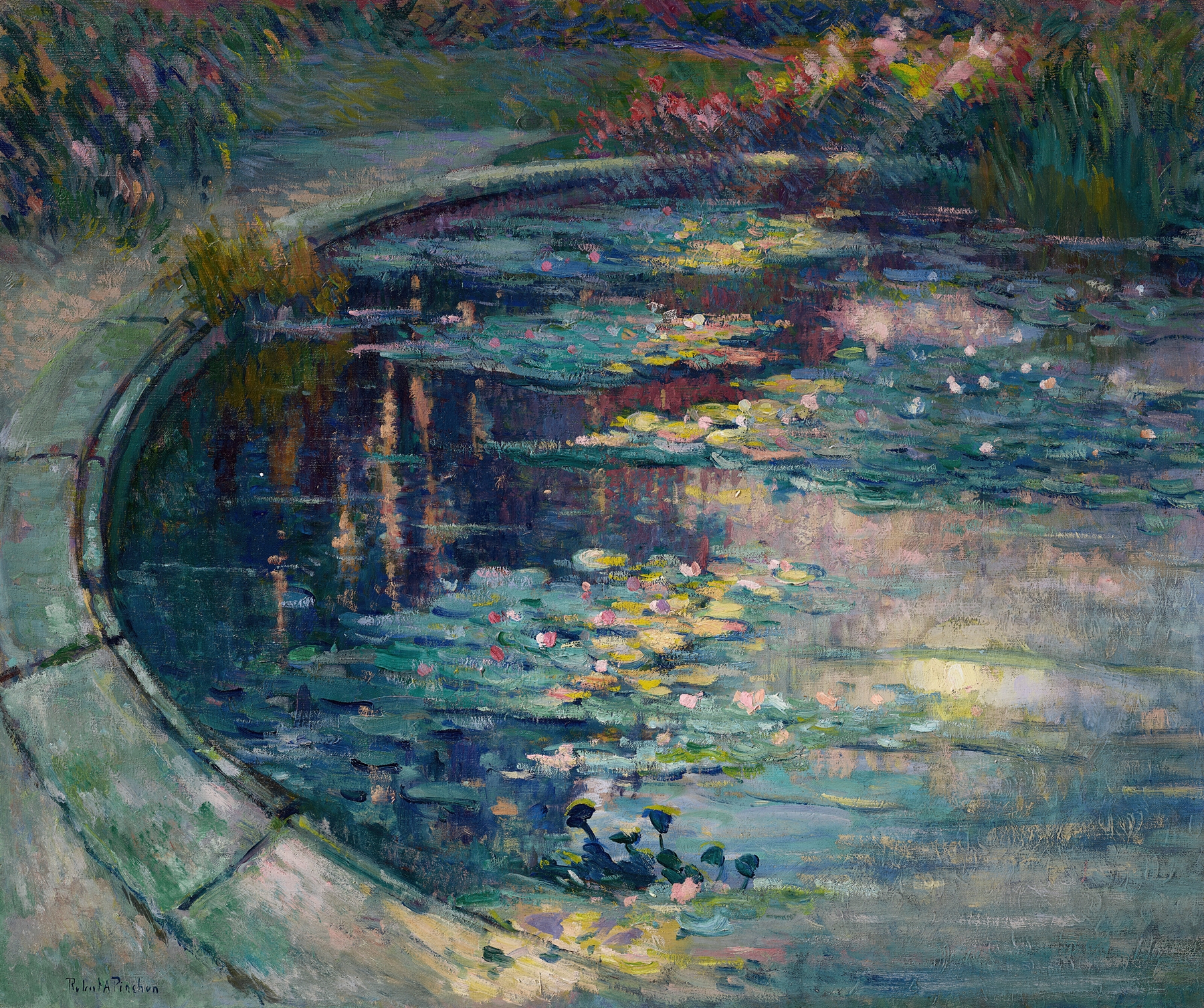 Oil on canvas by Robert Antoine Pinchon depicting a garden pond with lilies and reflections.