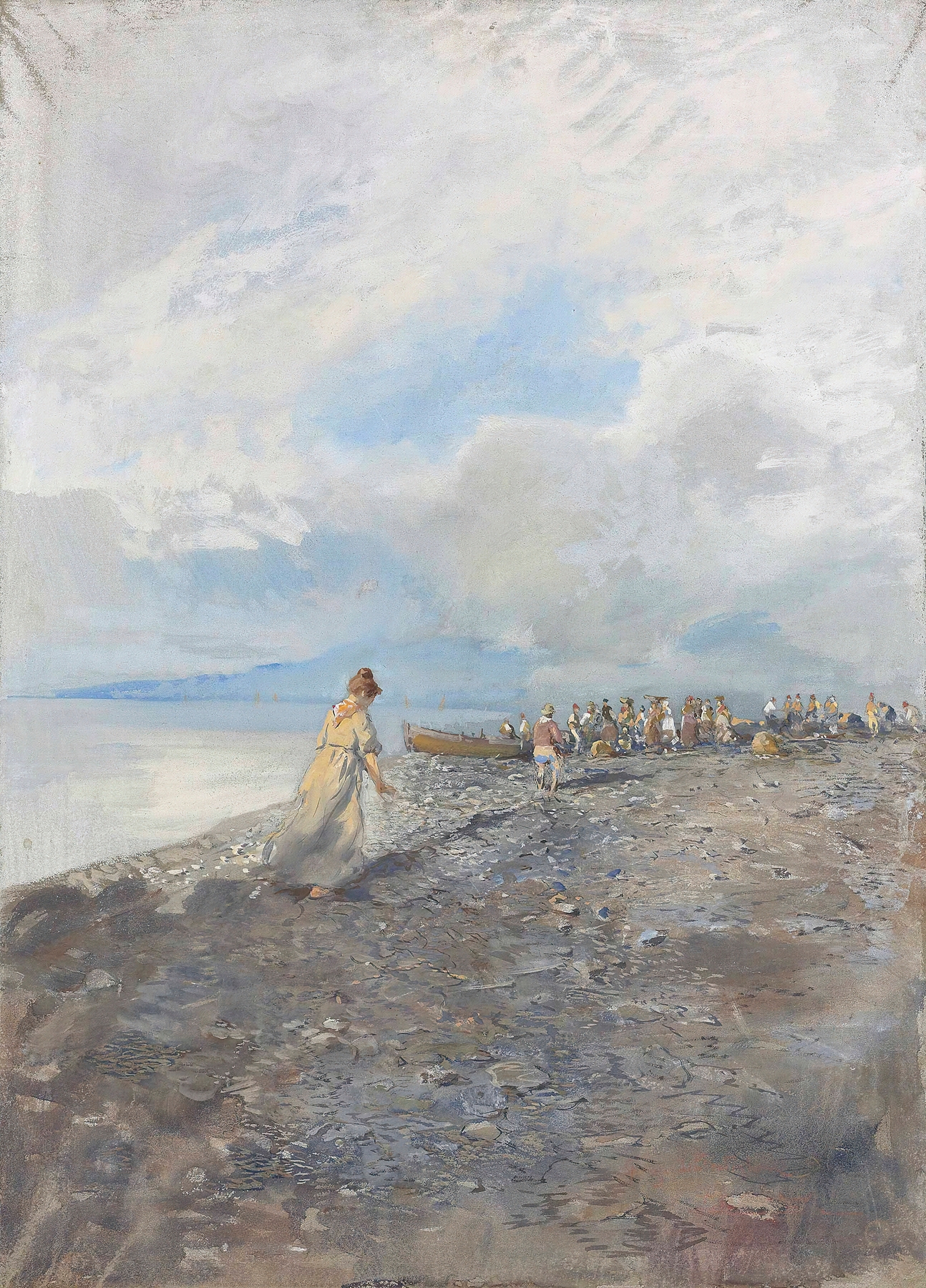 Sulla spiaggia di Bordighera, oil painting by Pompeo Mariani showing figures on a sunny beach.