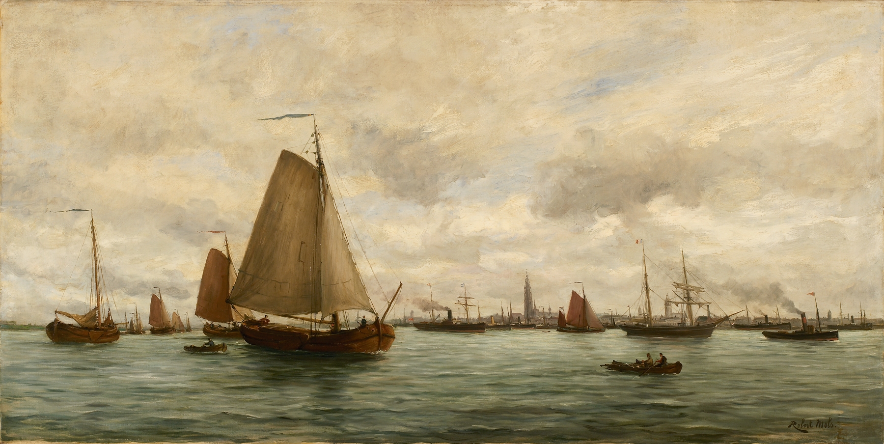 Marine scene with ships and a cloudy sky, oil painting by Robert Mols