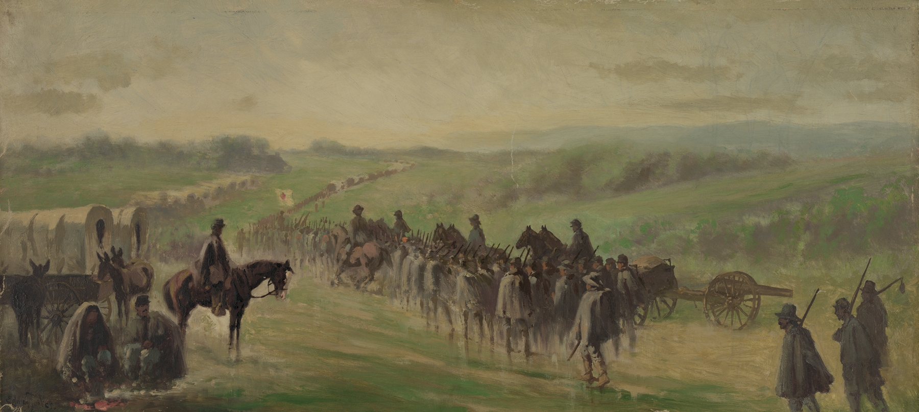 Pursuit of Lee’s army. Scene on the road near Emmitsburg – marching through the rain, by Edwin Forbes, public domain