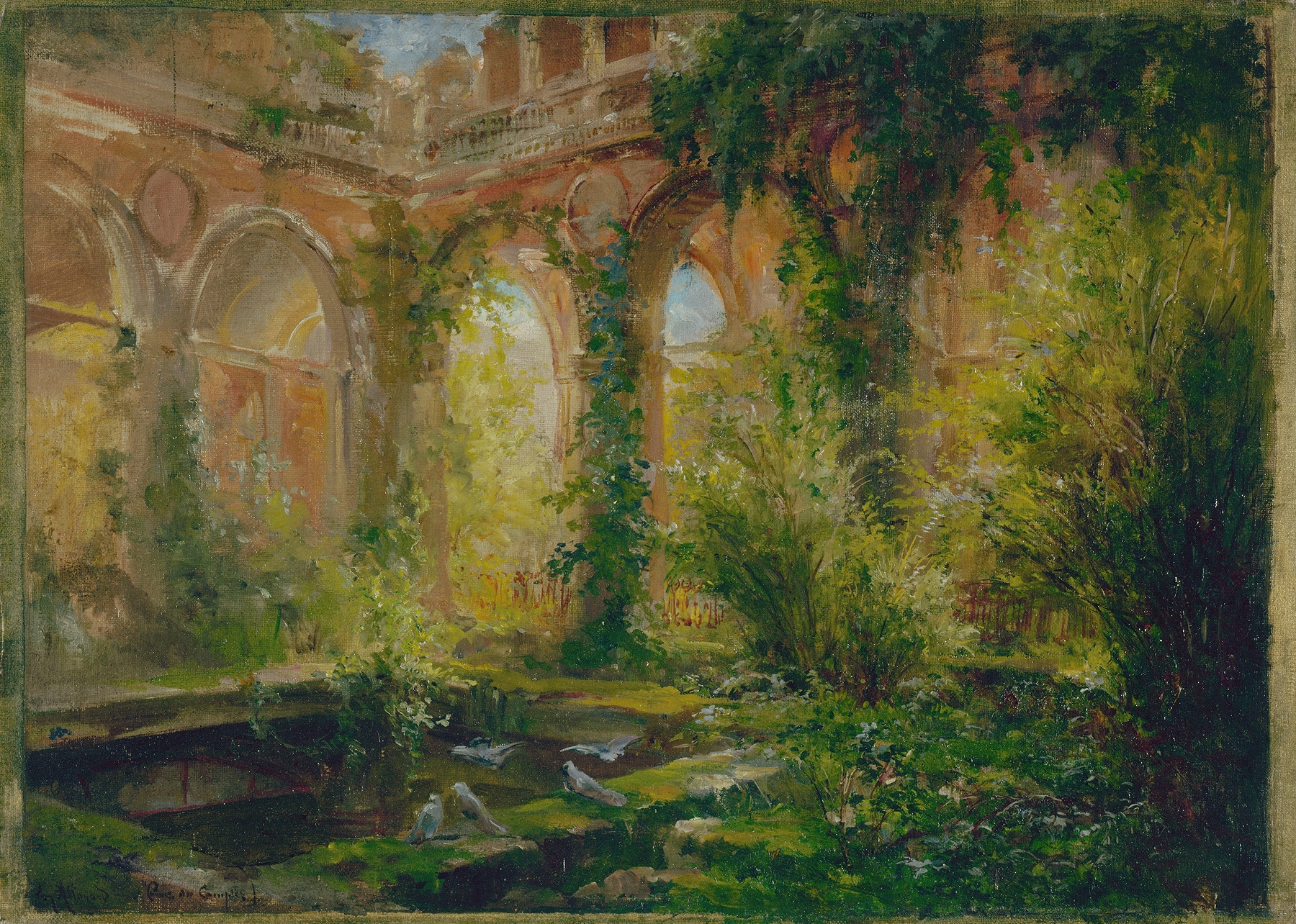 Engraving by Jean Baptiste Edmond Allouard depicting ruins and light.