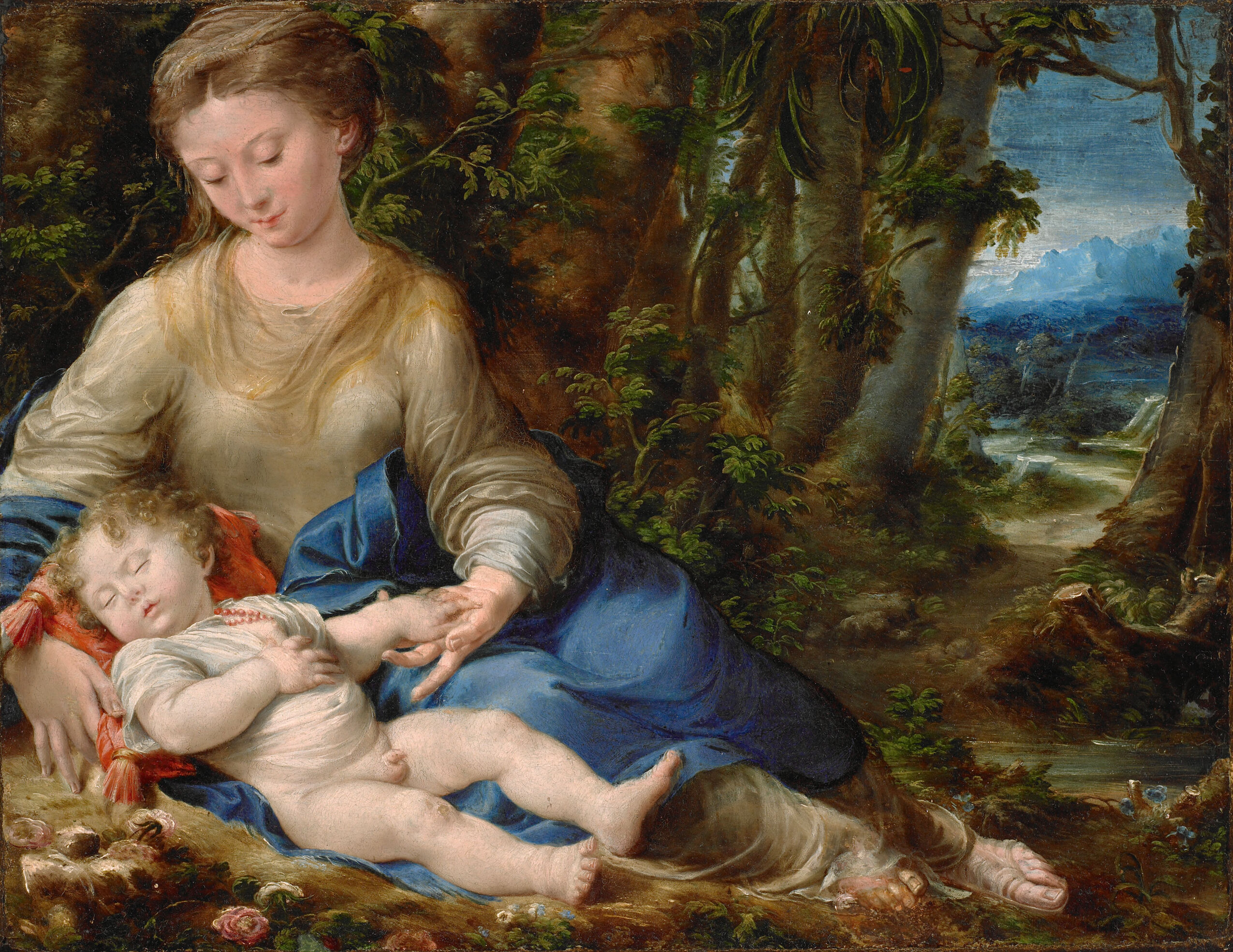 The Virgin and Child in a Landscape, oil on panel by Girolamo Mazzola Bedoli
