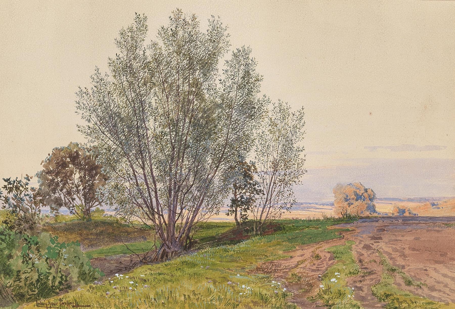 Landscape depicting a sunlit field and brook by Ludwig Hans Fischer, Impressionism