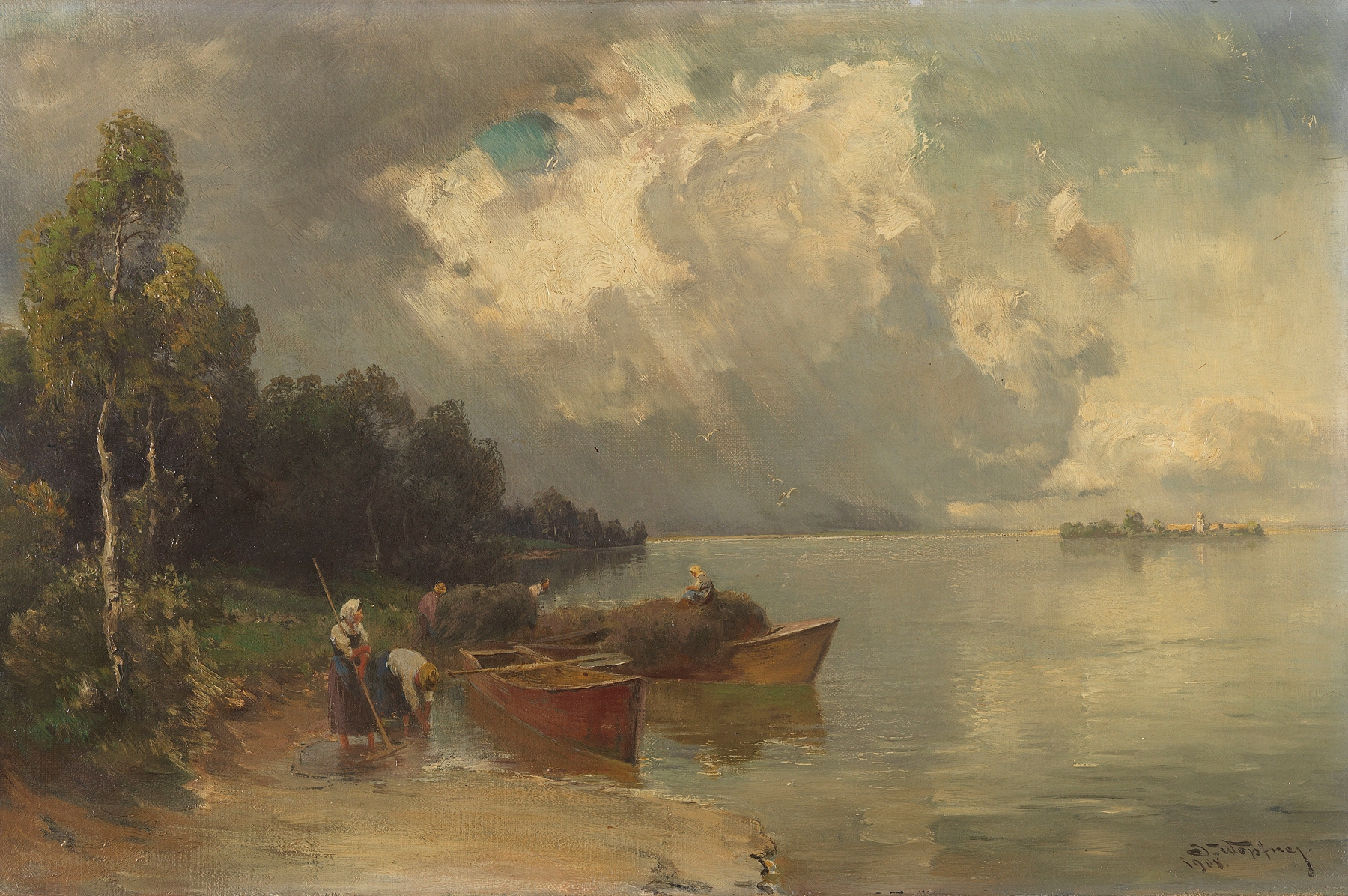Verschiffung der Heuernte am Chiemsee mit aufziehendem Gewitter, by Joseph Wopfner, public domain