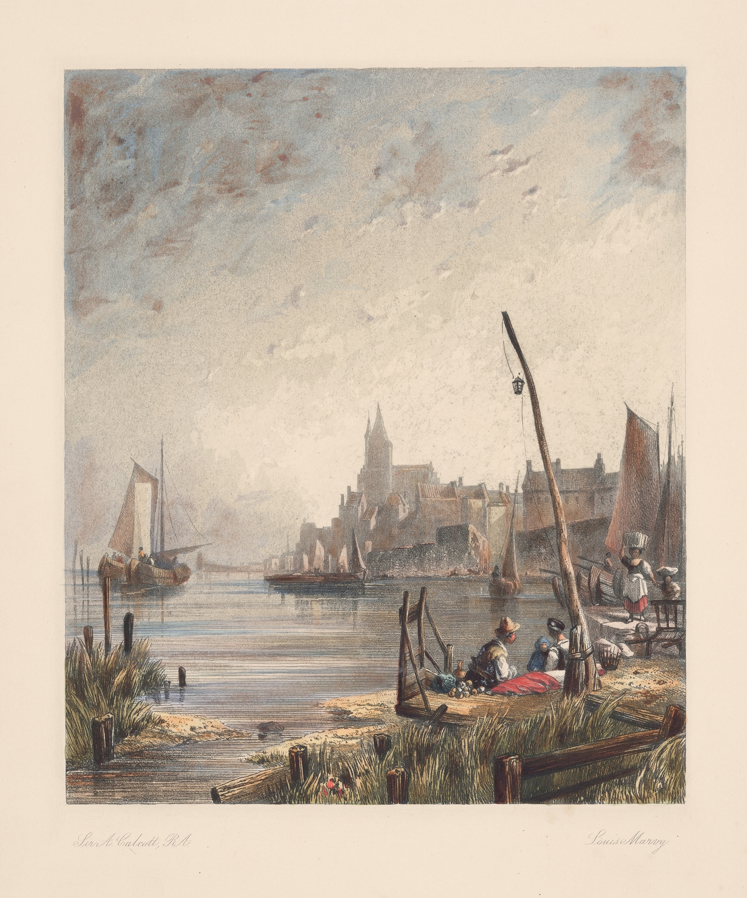 View of Delft by Louis Marvy, oil on canvas depicting a tranquil canal scene.