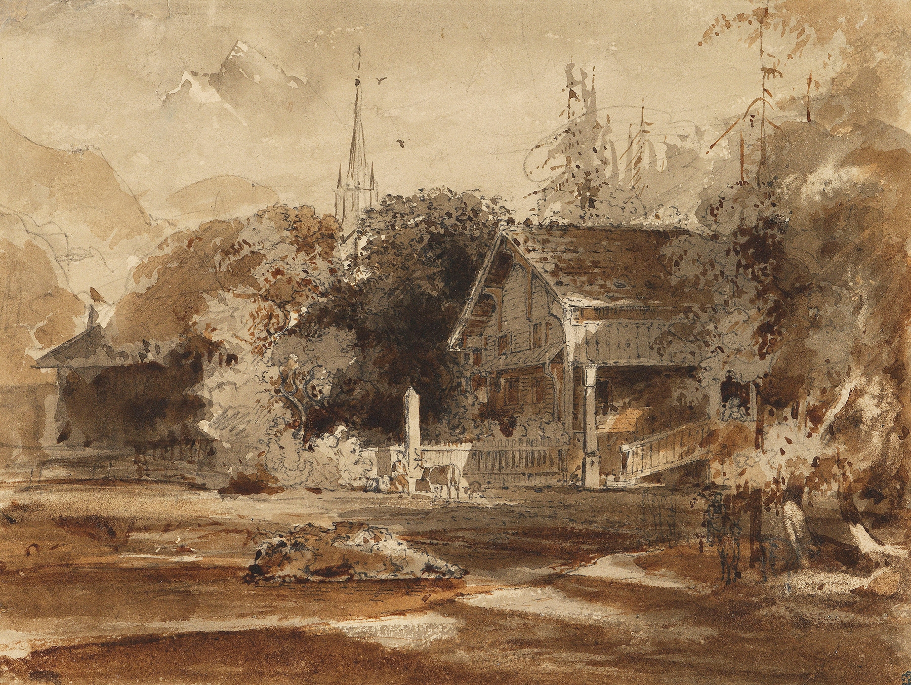 Landscape depicting a Swiss village with mountains and fields, oil painting by Friedrich Salathé.