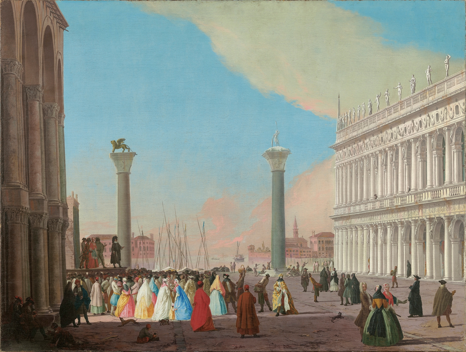 Genre scene of a crowd watching a Commedia dell’arte performance, oil on canvas by Johann Richter