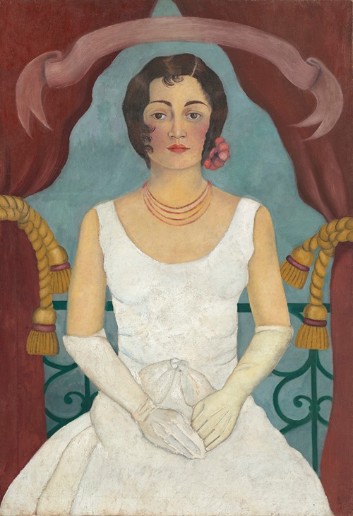 Frida Kahlo's 'Portrait of a Lady in White' showcases a woman in a white dress against a vibrant background.