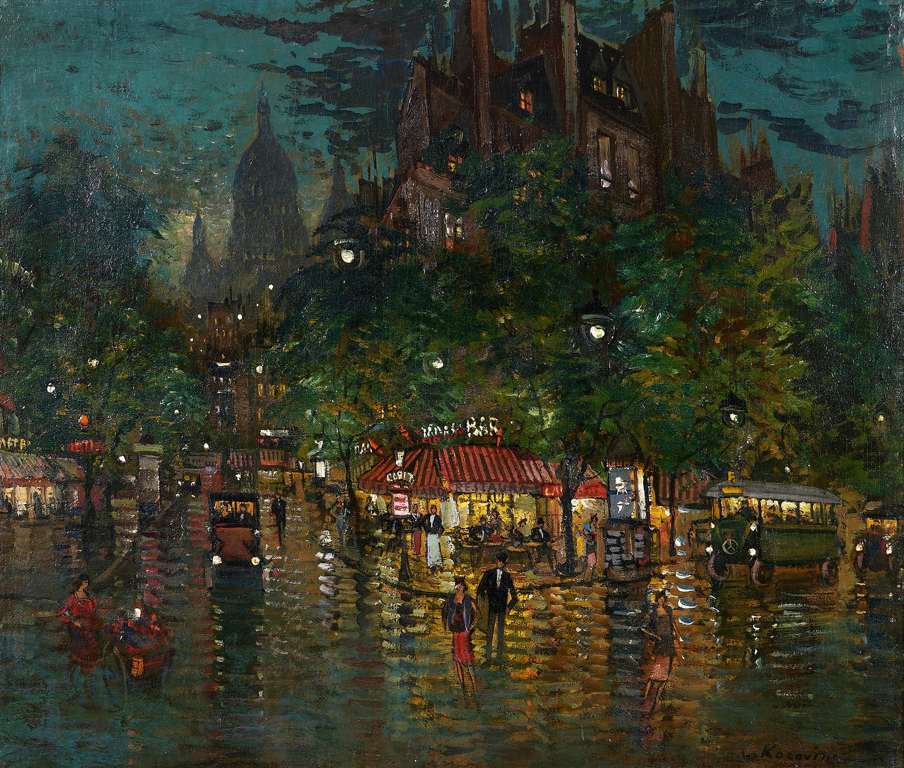 Genre scene of Paris at twilight with street lamps, by Konstantin Alexeevich Korovin, oil painting.